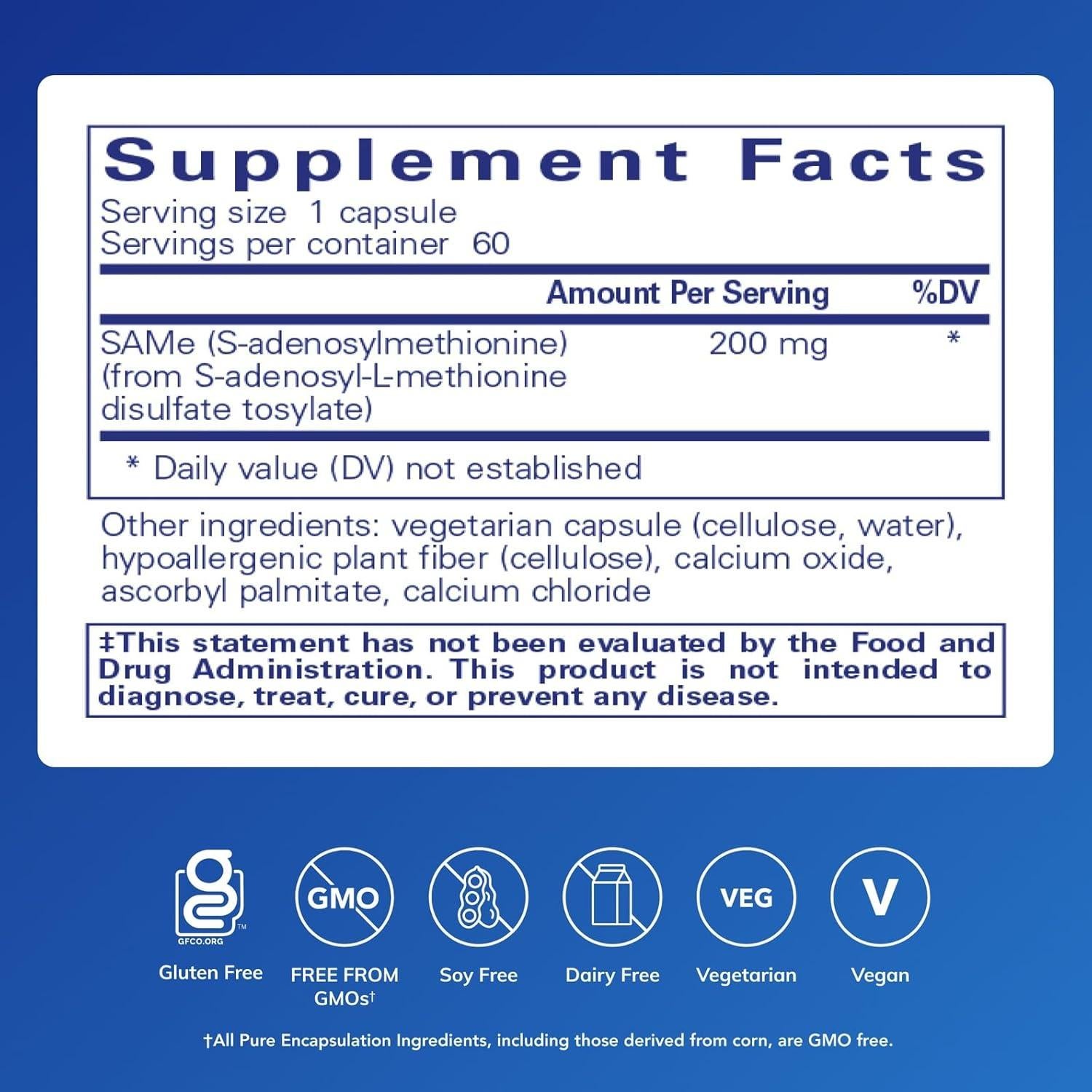 Suplemento SAMe Pure Encapsulations 180 Cápsulas - Salud Articular