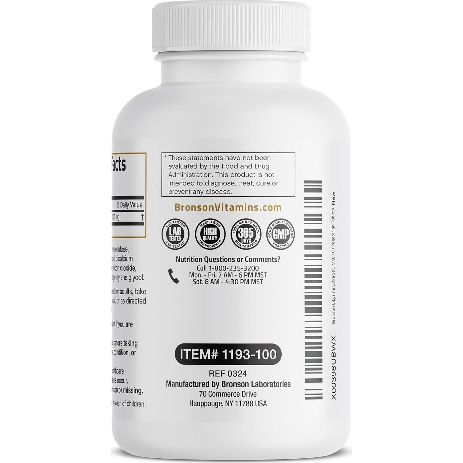 Bronson L-Lisina Extra Fuerte 1000 MG 100 Tabletas Vegetarianas