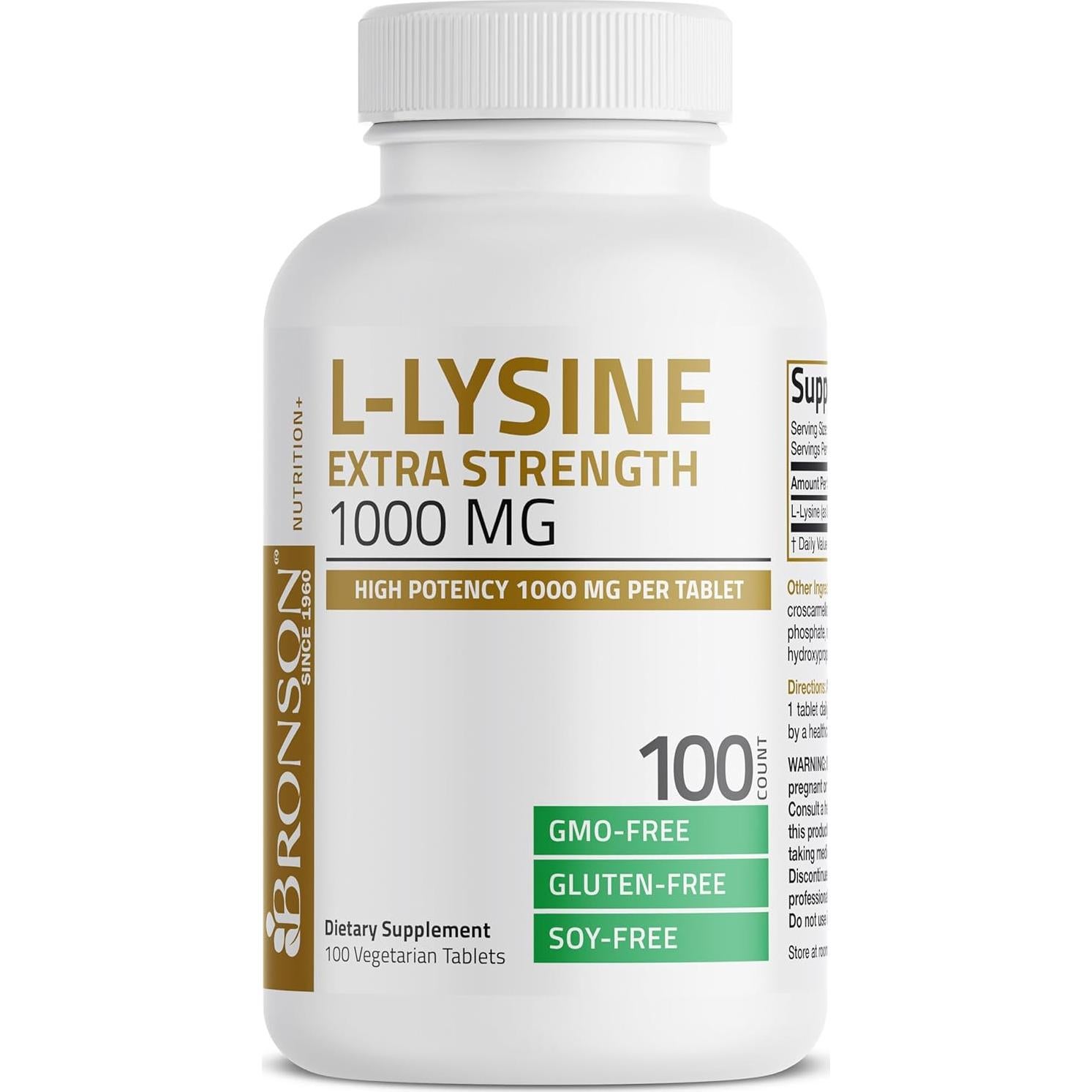Bronson L-Lisina Extra Fuerte 1000 MG 100 Tabletas Vegetarianas