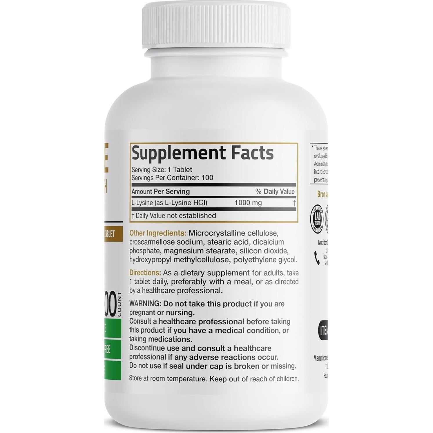 Bronson L-Lisina Extra Fuerte 1000 MG 100 Tabletas Vegetarianas