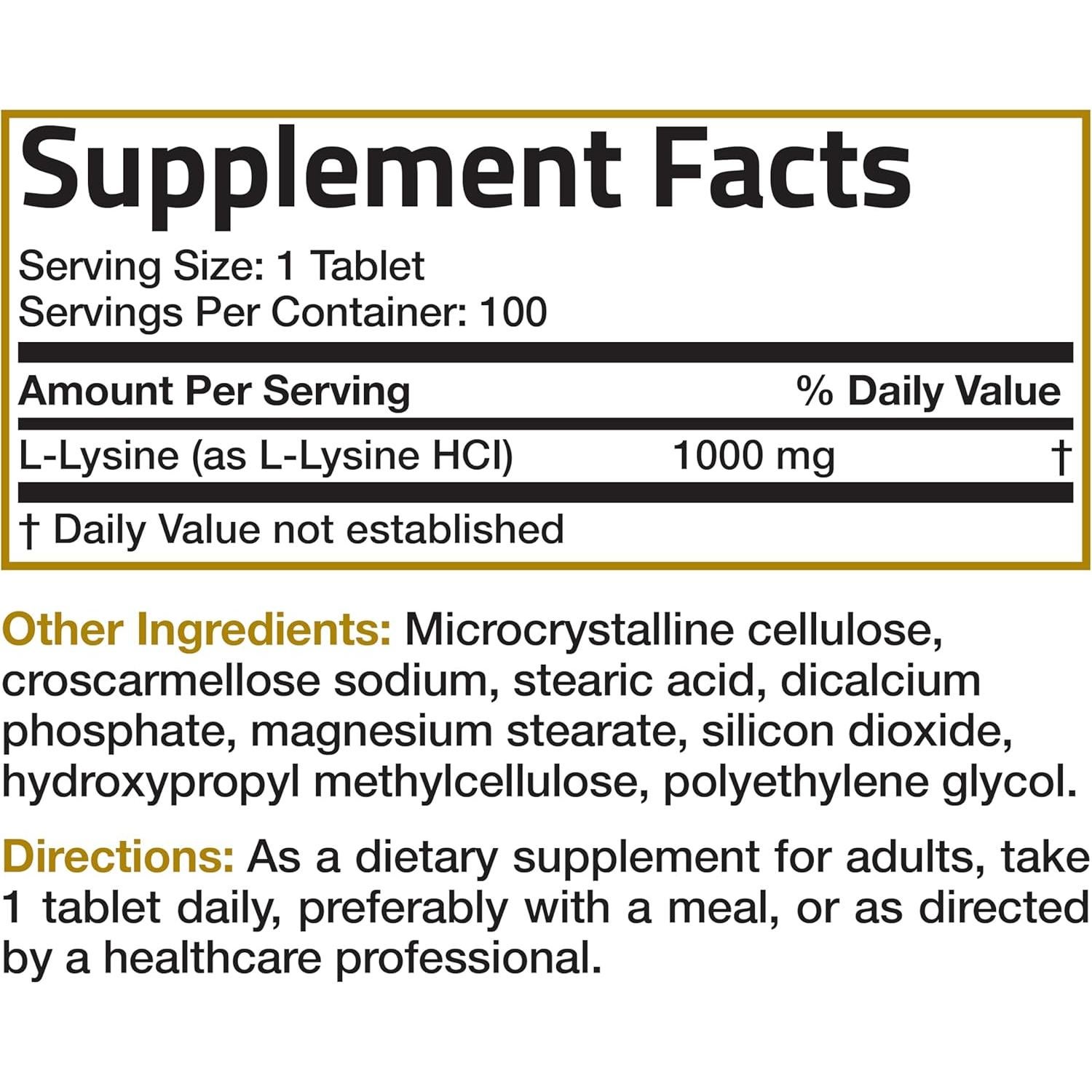 Bronson L-Lisina Extra Fuerte 1000 MG 100 Tabletas Vegetarianas