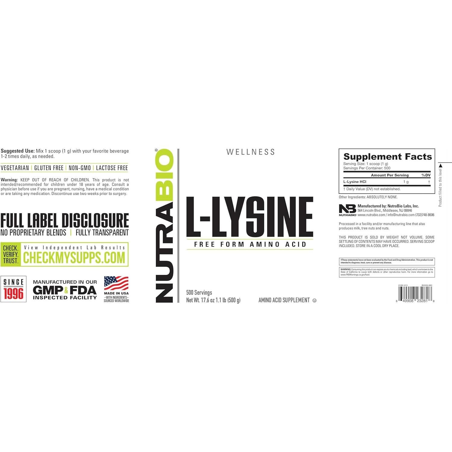 NutraBio L-Lisina Polvo 500g - Aminoácido Esencial Vegano