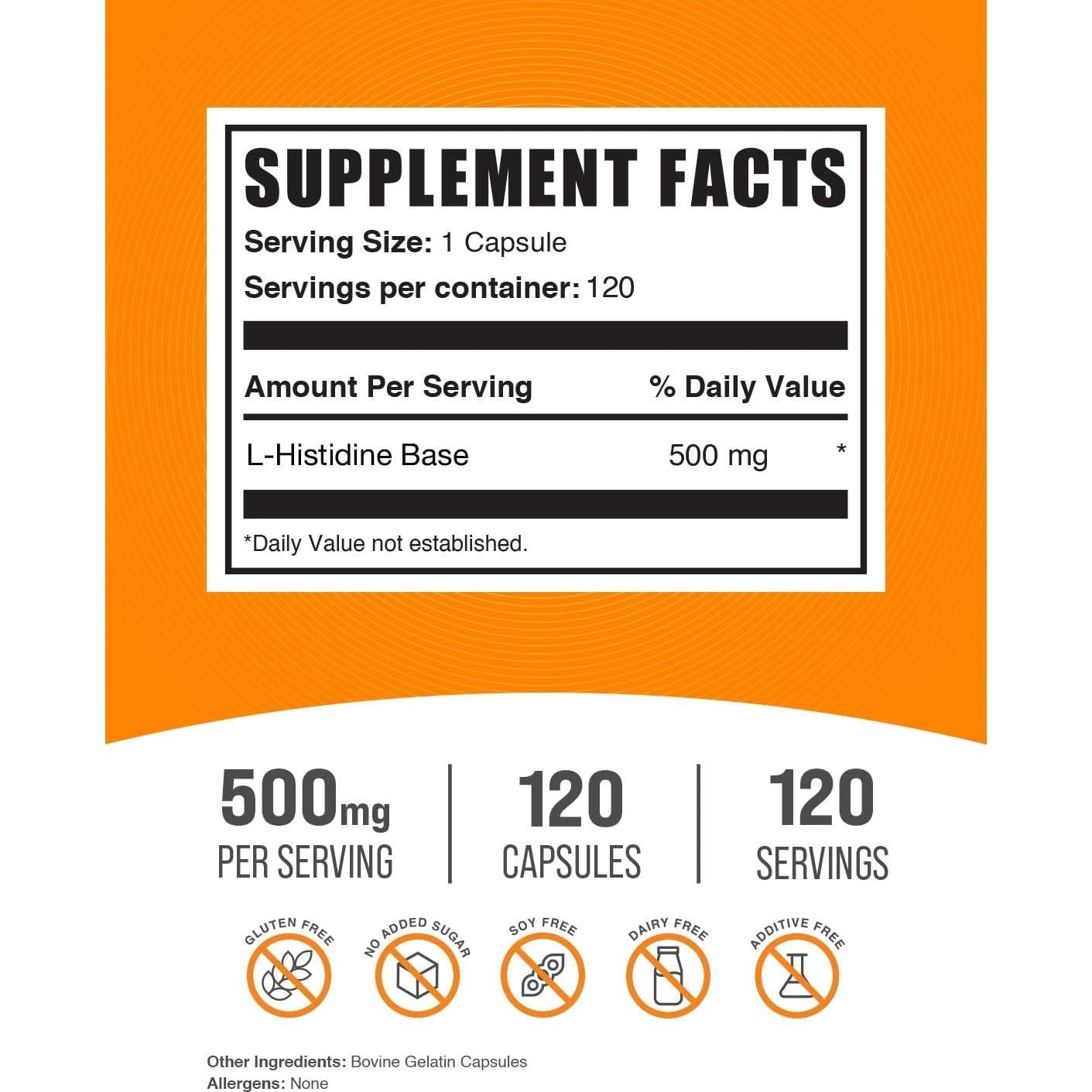 Cápsulas de L-Histidina BulkSupplements 500mg - 120 unidades