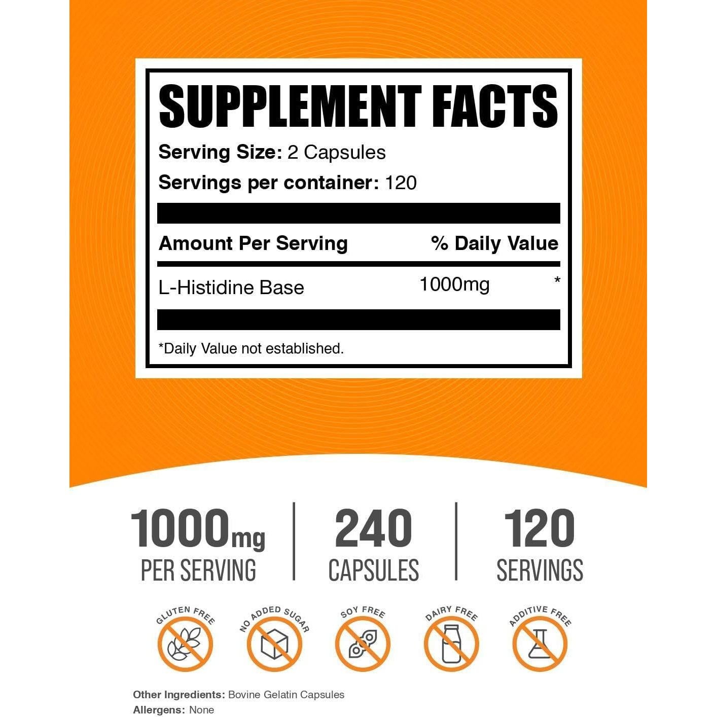 Cápsulas de L-Histidina BulkSupplements 1000mg - 240 unidades