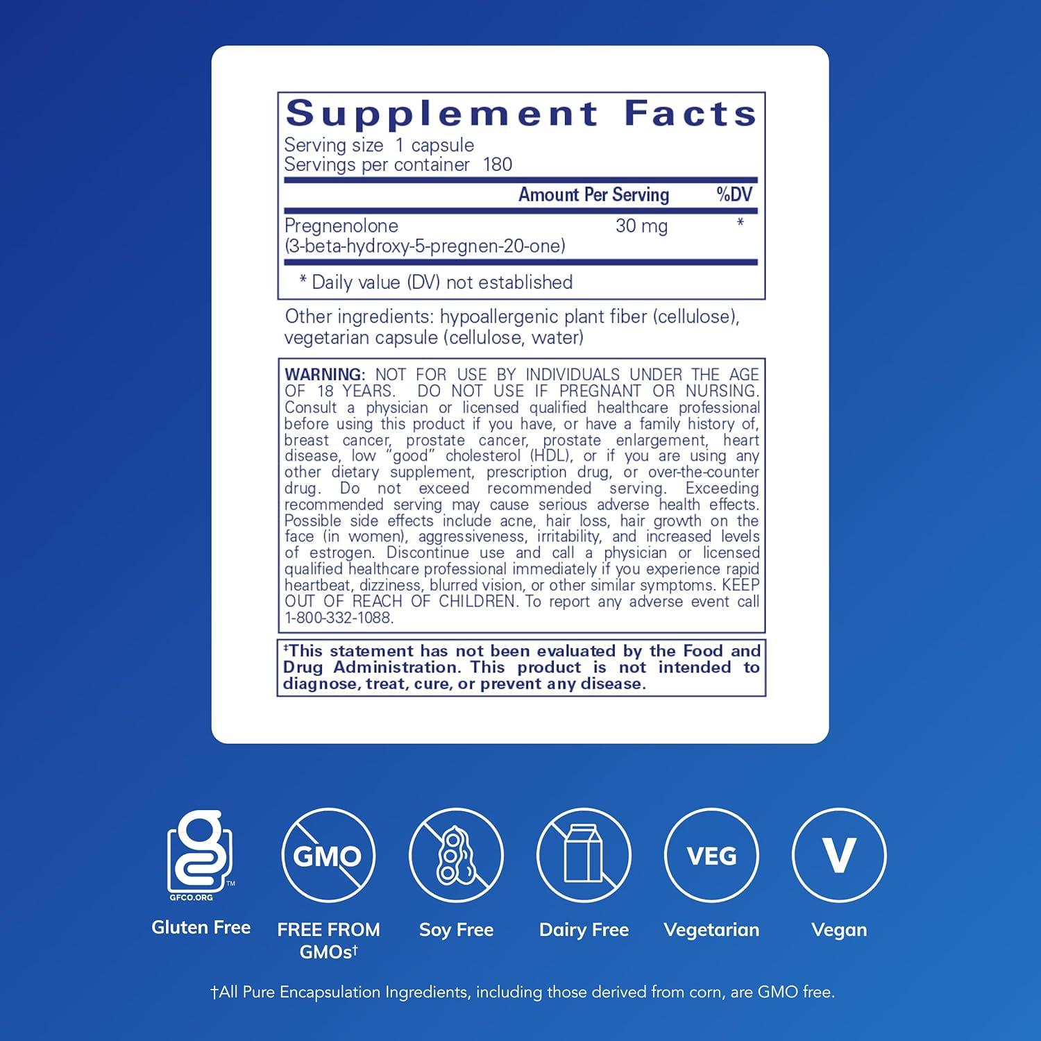Suplemento Hormonal Pregnenolona 30 mg Pure Encapsulations - 180 Cápsulas Veganas