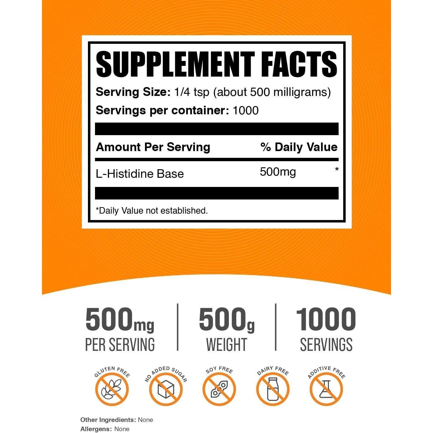 Polvo de L-Histidina BulkSupplements 500g - Suplemento Esencial