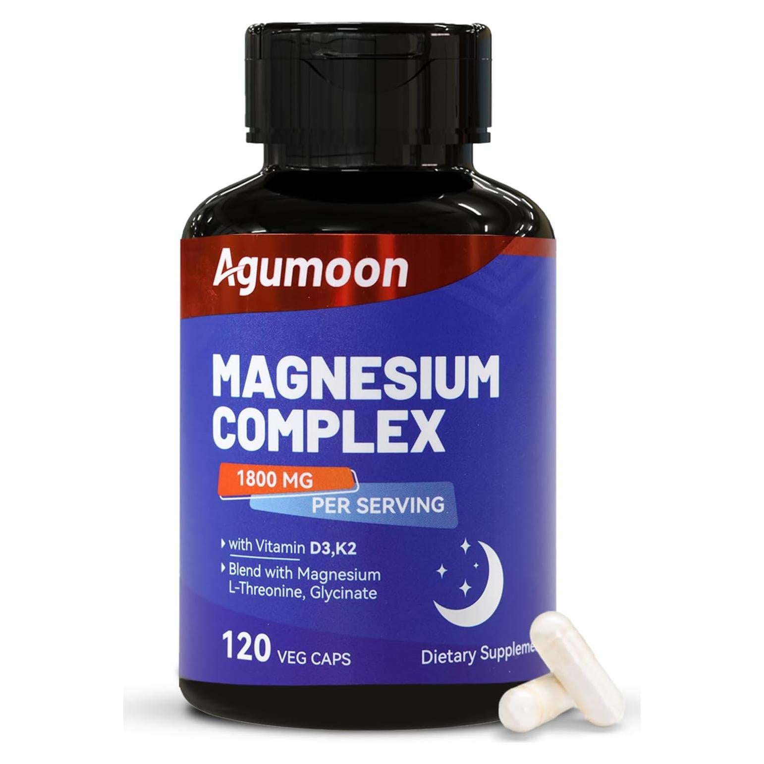 Suplemento de Magnesio Agumoon 1800mg + Vitamina D3 K2 120 Cápsulas