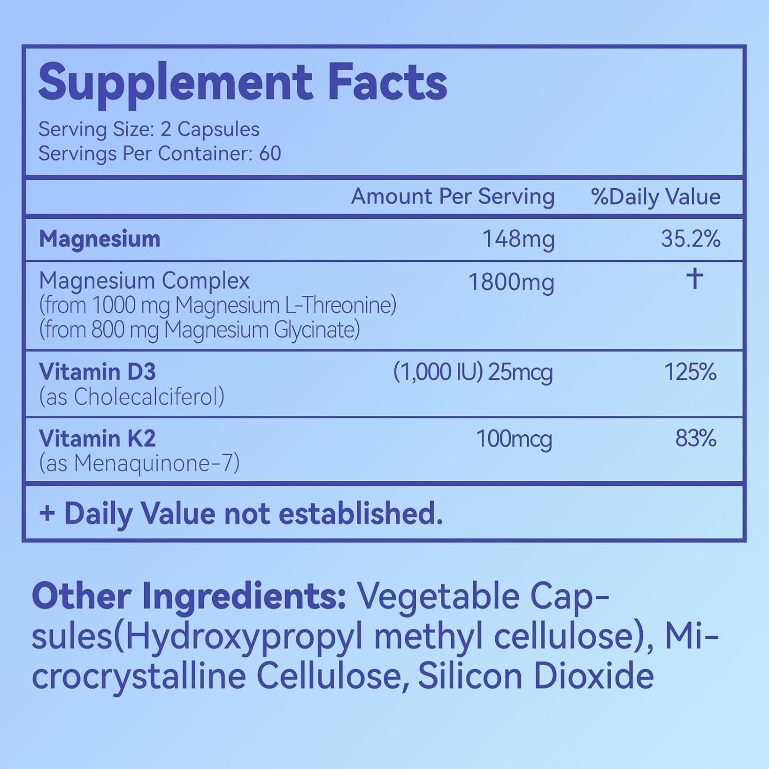 Suplemento de Magnesio Agumoon 1800mg + Vitamina D3 K2 120 Cápsulas