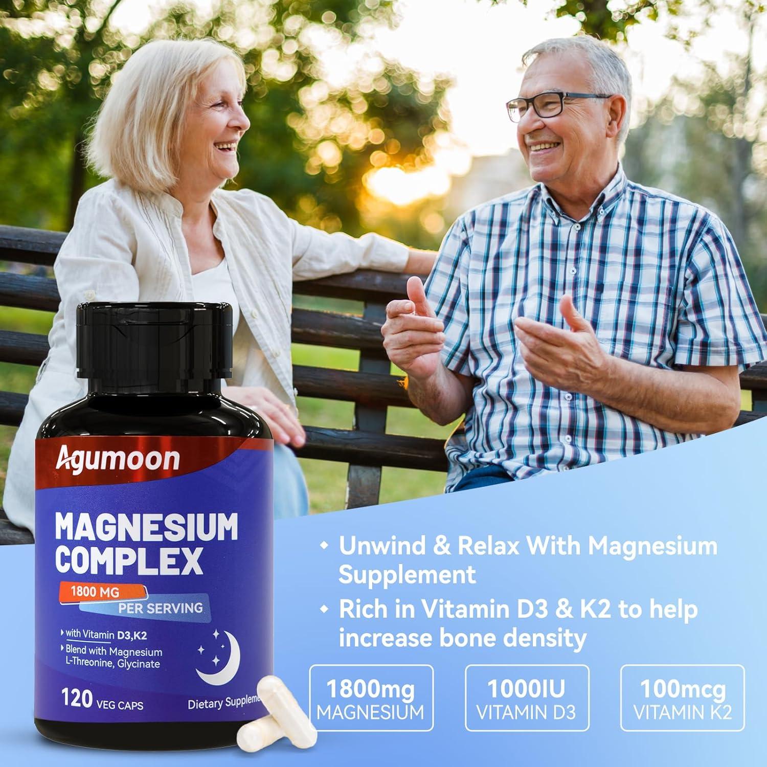 Suplemento de Magnesio Agumoon 1800mg + Vitamina D3 K2 120 Cápsulas
