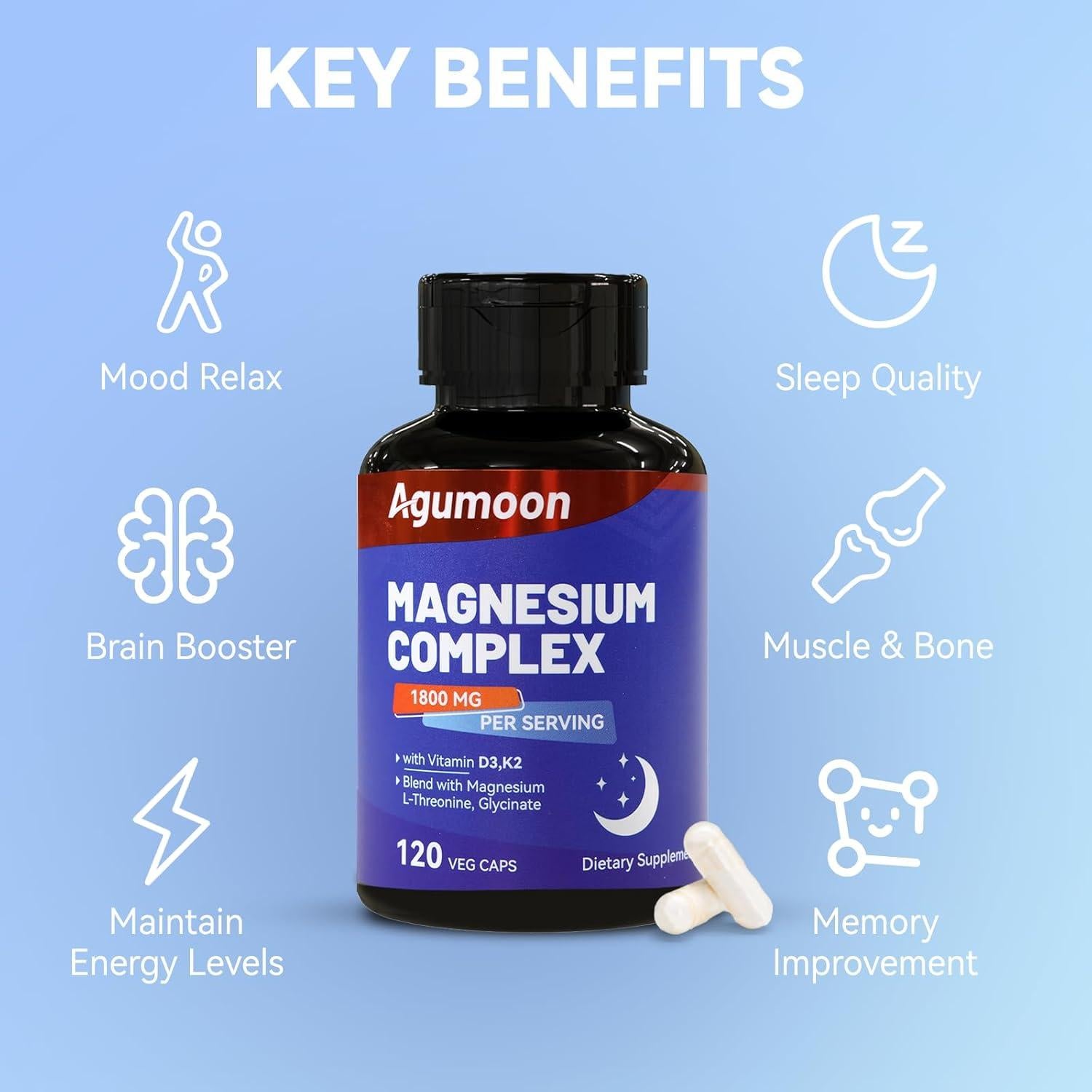 Suplemento de Magnesio Agumoon 1800mg + Vitamina D3 K2 120 Cápsulas