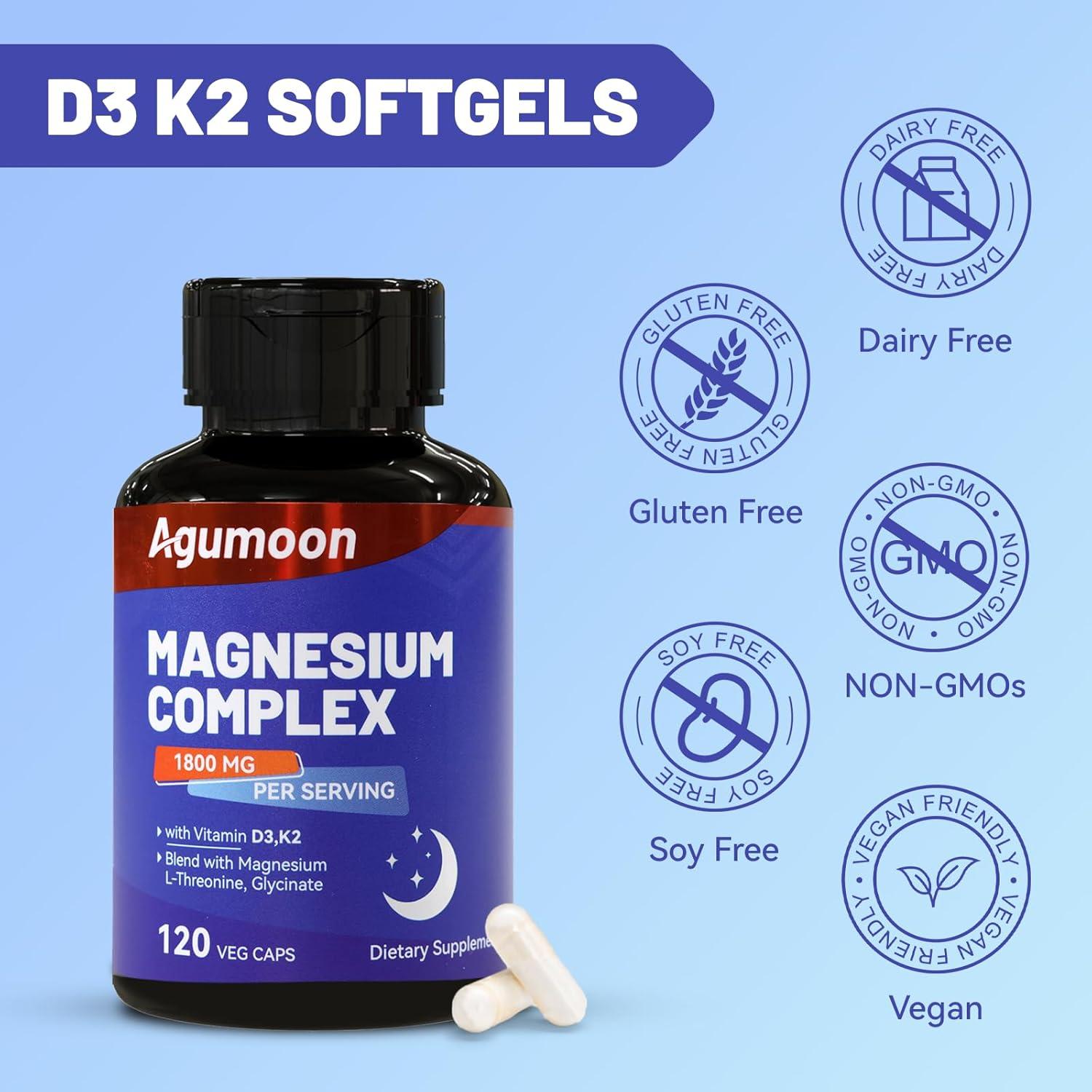 Suplemento de Magnesio Agumoon 1800mg + Vitamina D3 K2 120 Cápsulas