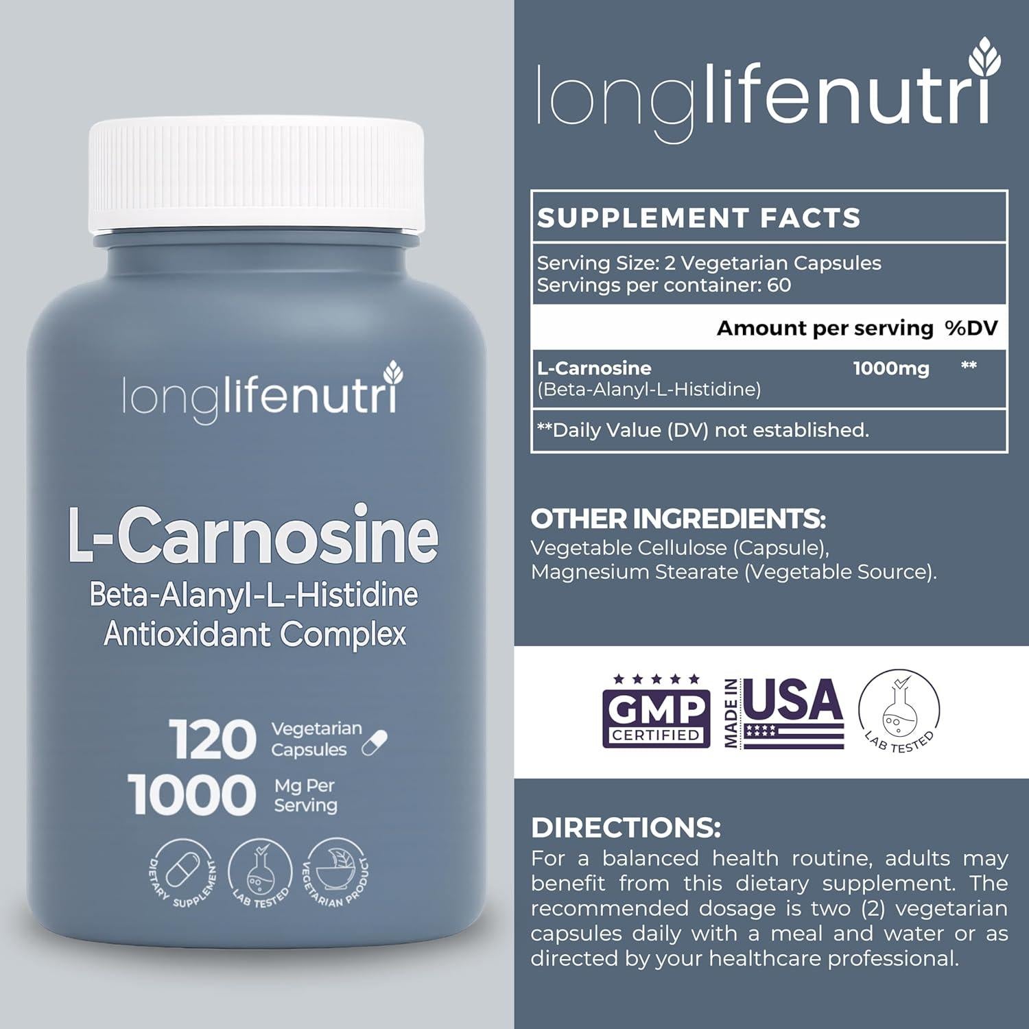 LongLifeNutri L-Carnosina 1000mg - 120 Cápsulas Vegetarianas
