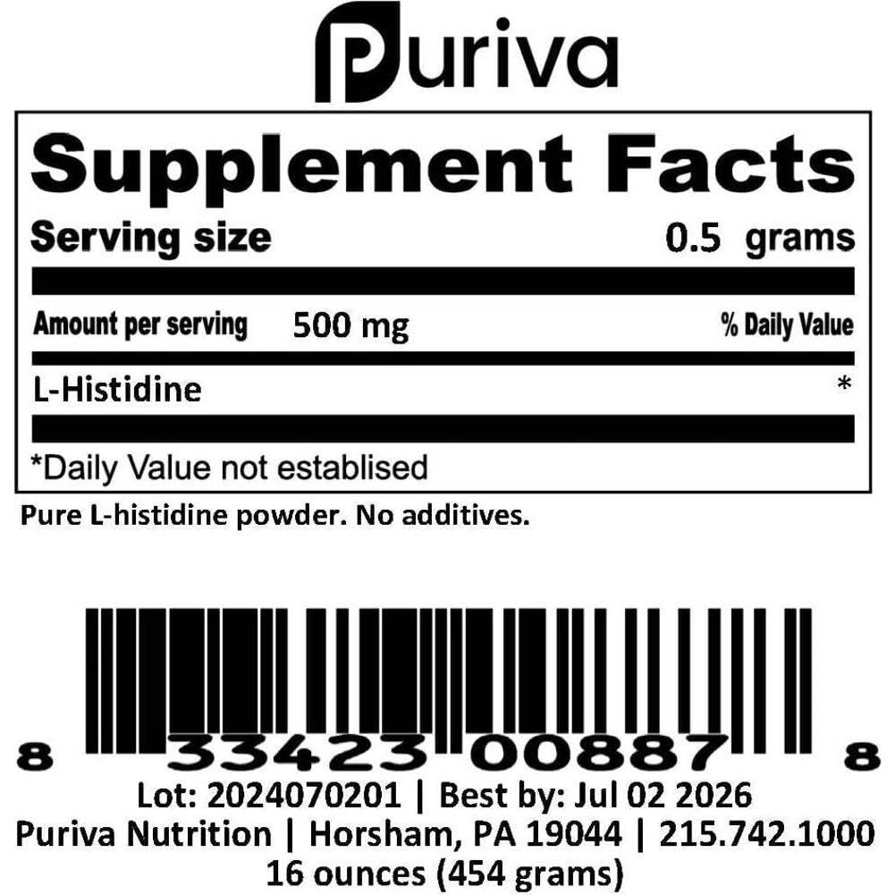 Polvo de L-Histidina 0.45 kg Puriva Nutrition Sin Aditivos
