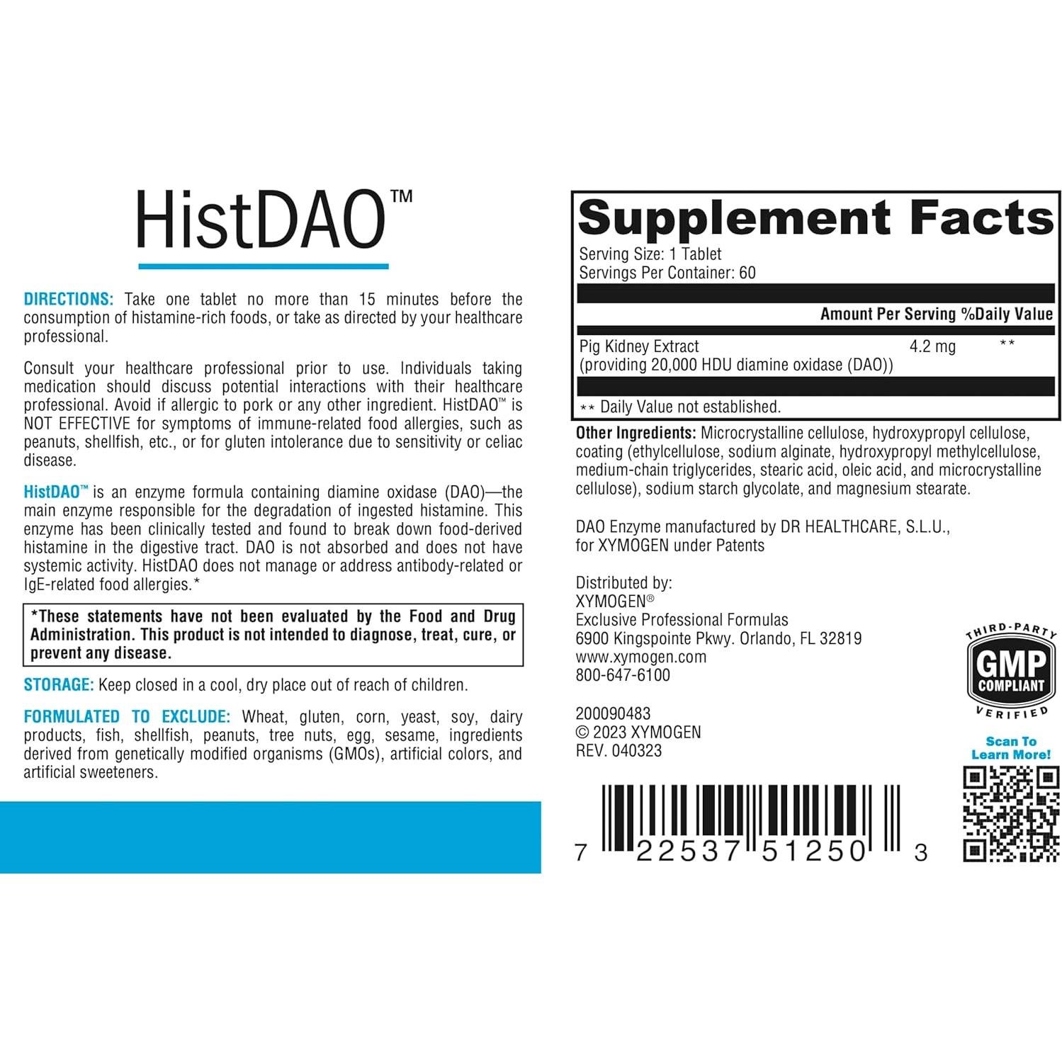 Suplemento Enzimático DAO Xymogen 20,000 HDU 60 Tabletas