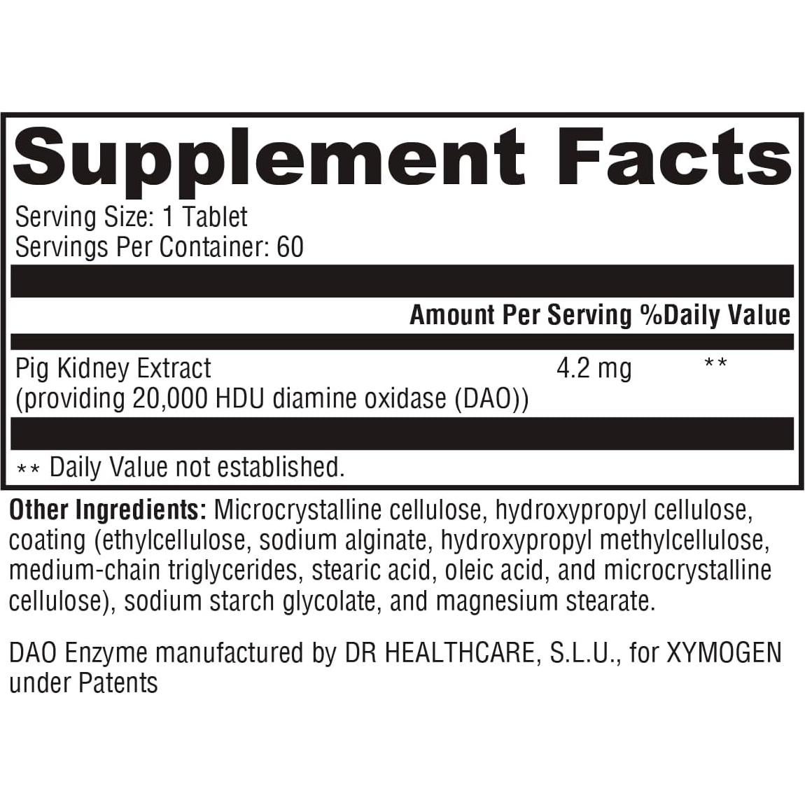 Suplemento Enzimático DAO Xymogen 20,000 HDU 60 Tabletas