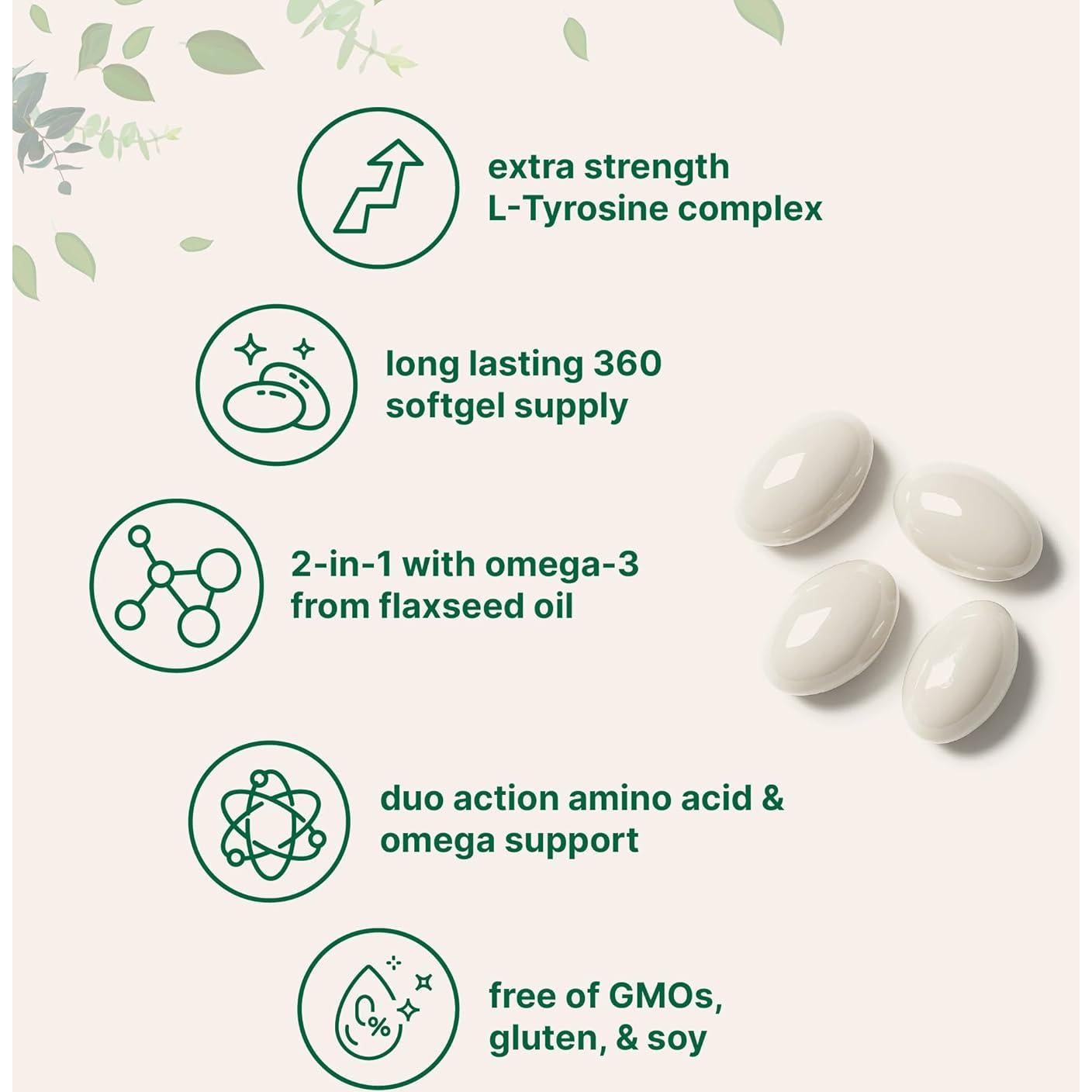 Suplemento L-Tirosina 500mg + Omega-3 1000mg 360 Gelatinas