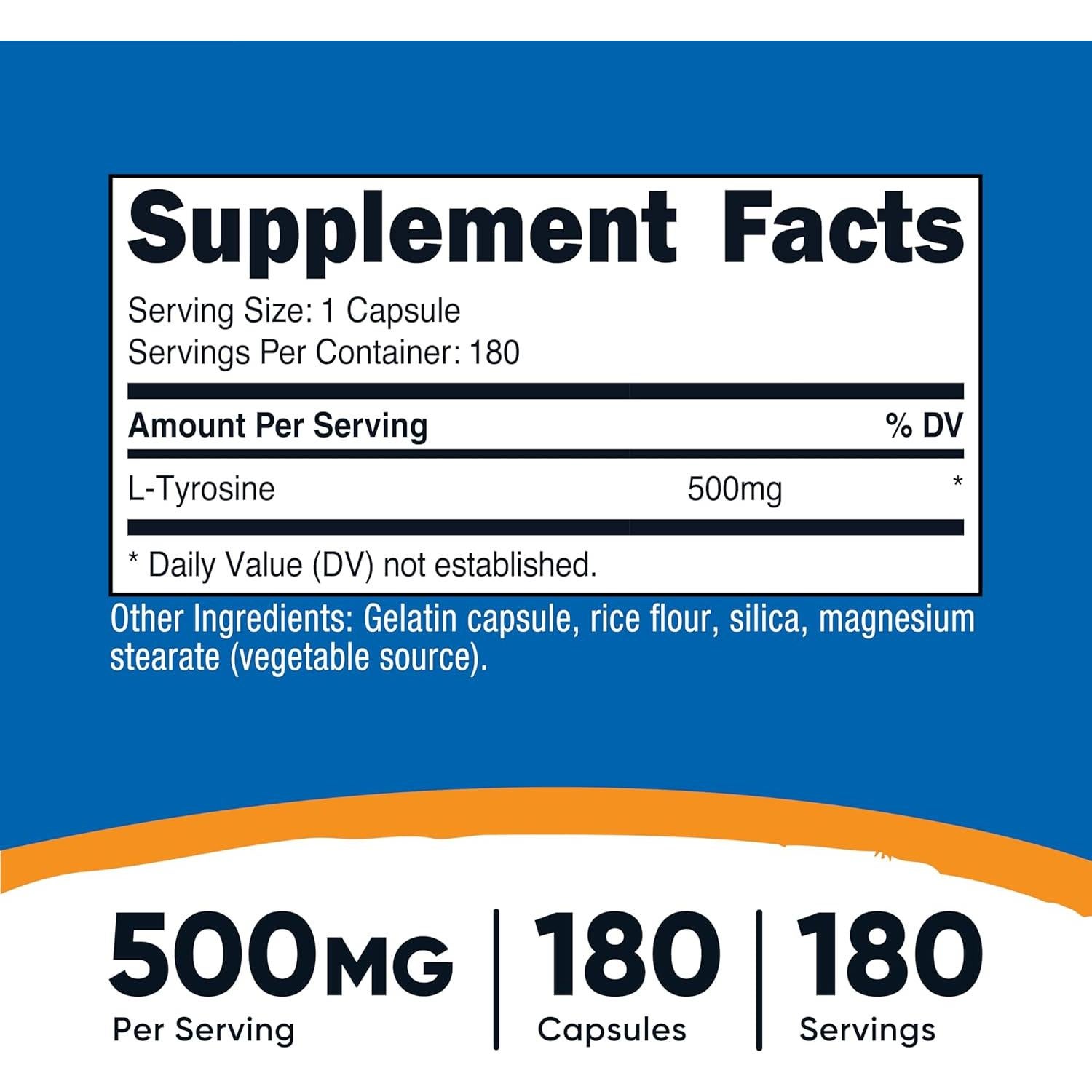 L-Tirosina 500mg Nutricost 180 Cápsulas Sin Gluten No OGM