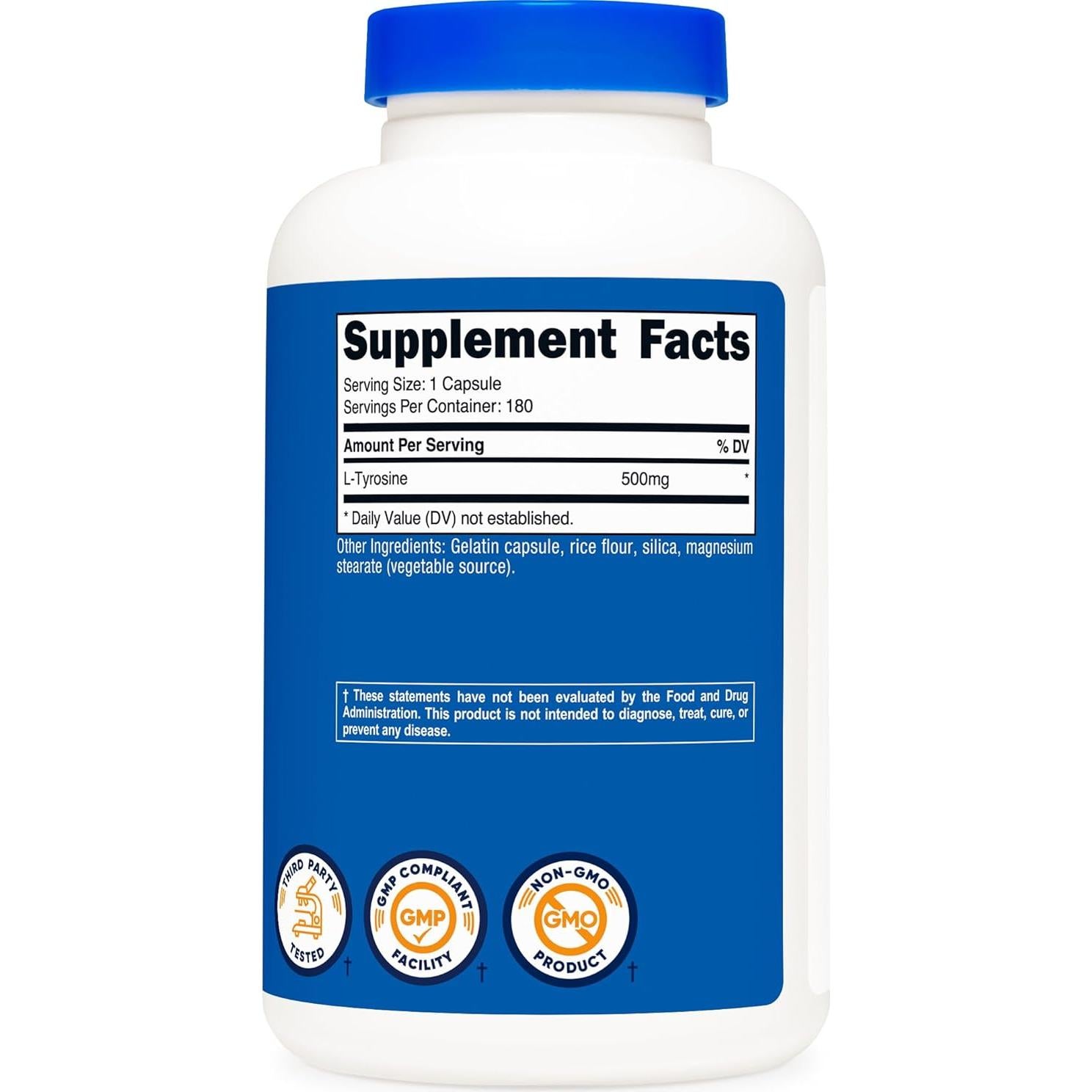 L-Tirosina 500mg Nutricost 180 Cápsulas Sin Gluten No OGM