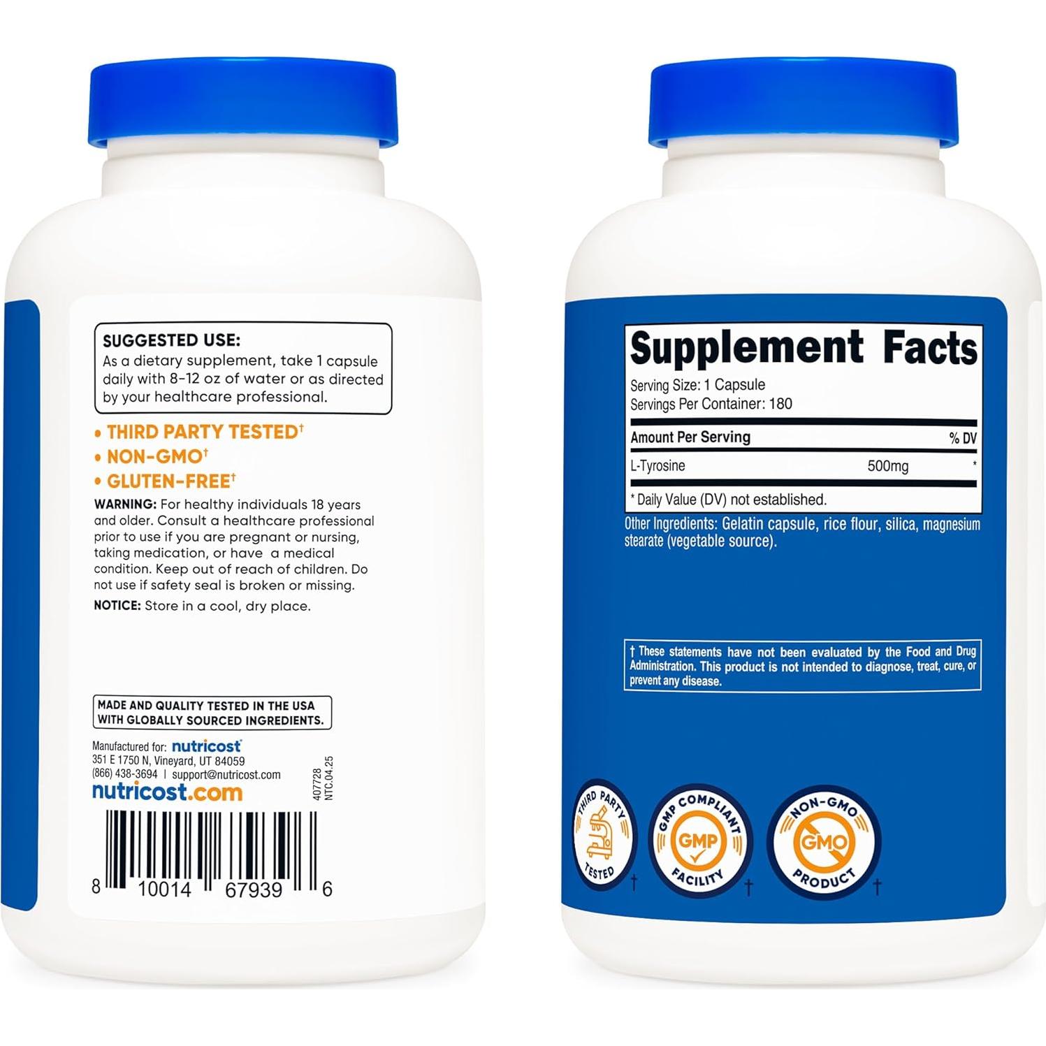 L-Tirosina 500mg Nutricost 180 Cápsulas Sin Gluten No OGM