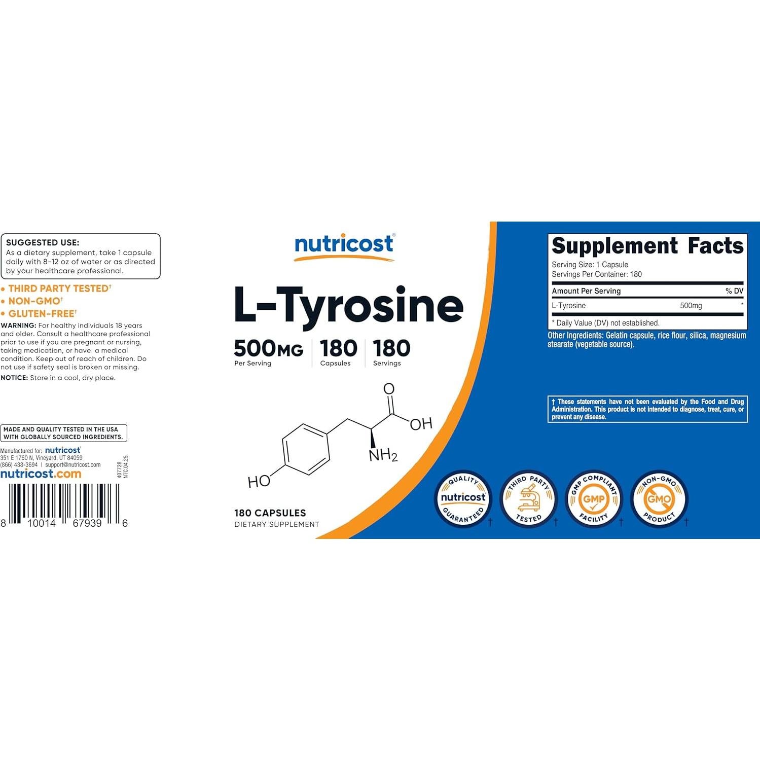 L-Tirosina 500mg Nutricost 180 Cápsulas Sin Gluten No OGM