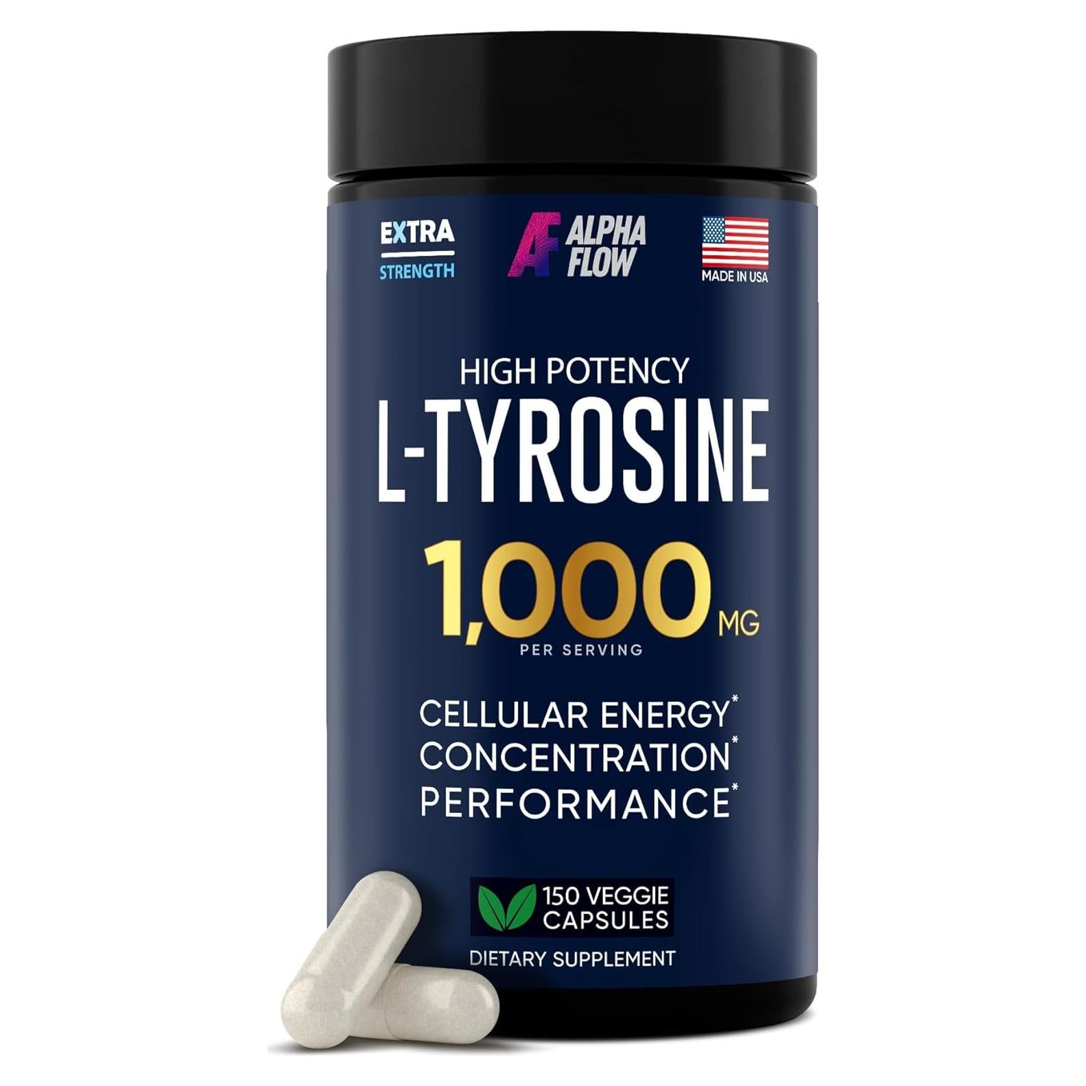 Suplemento L-Tirosina 1000mg Alpha Flow - 150 Cápsulas Veganas