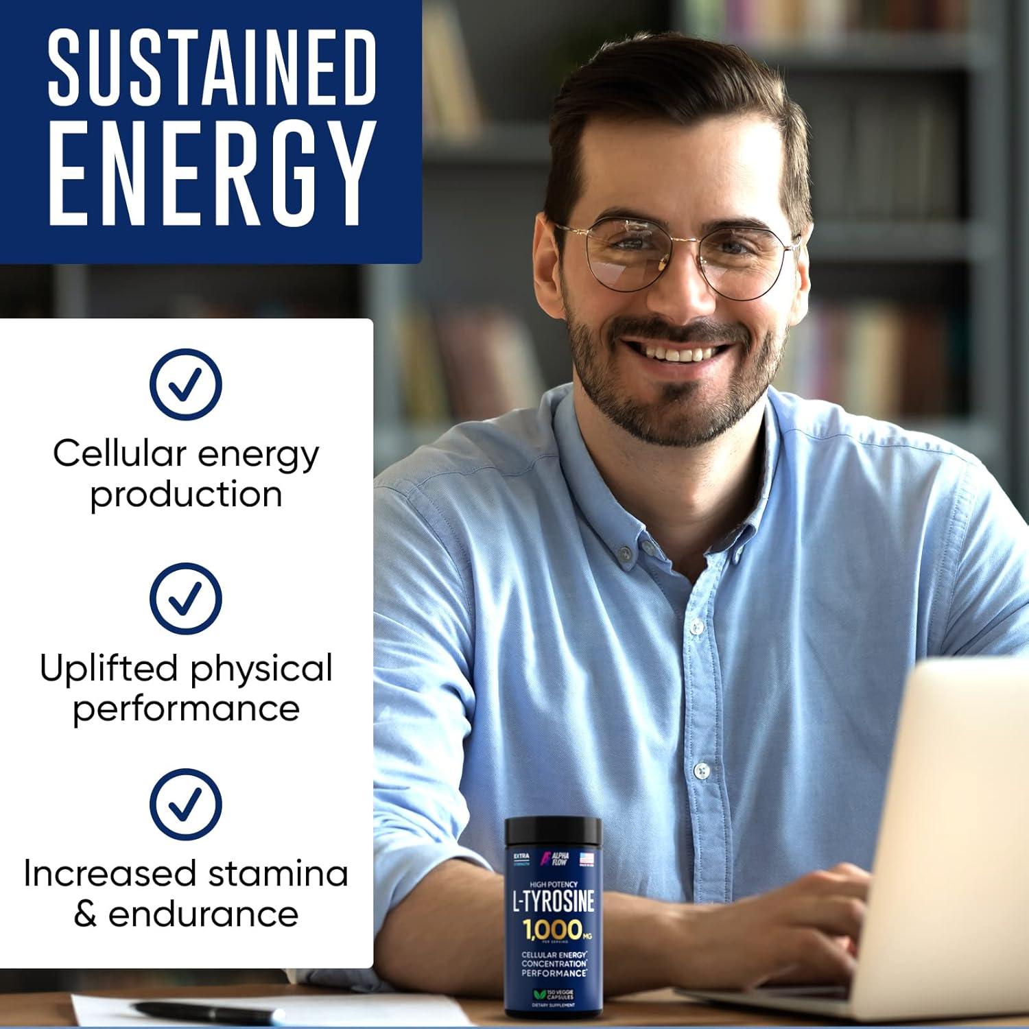 Suplemento L-Tirosina 1000mg Alpha Flow - 150 Cápsulas Veganas