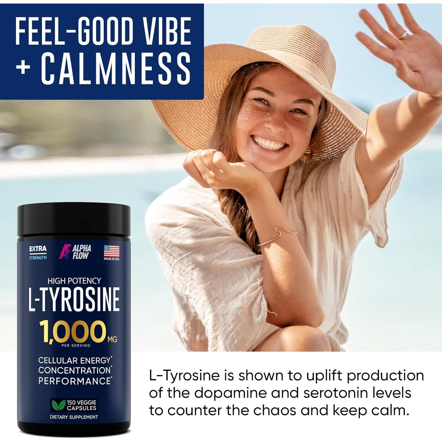 Suplemento L-Tirosina 1000mg Alpha Flow - 150 Cápsulas Veganas