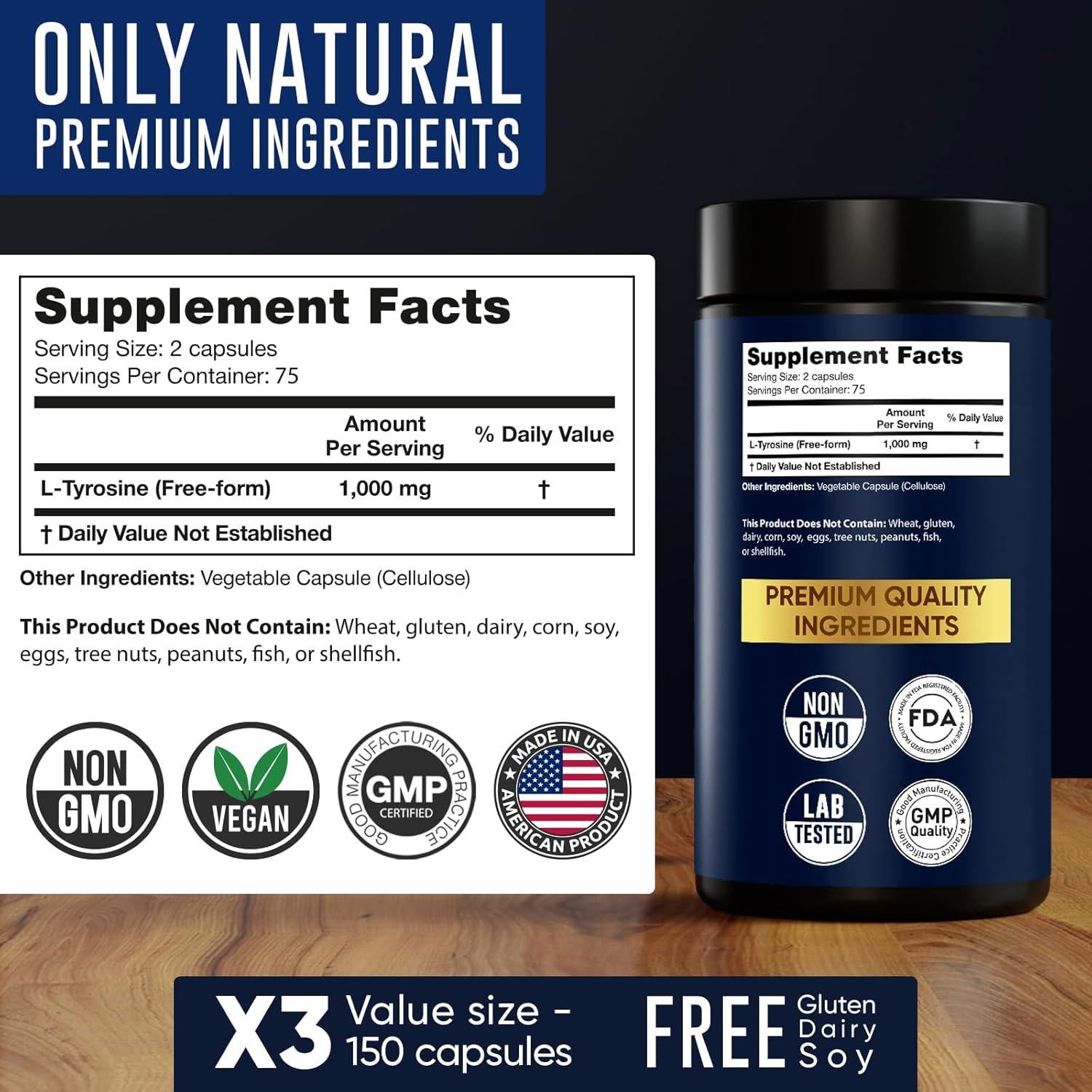 Suplemento L-Tirosina 1000mg Alpha Flow - 150 Cápsulas Veganas