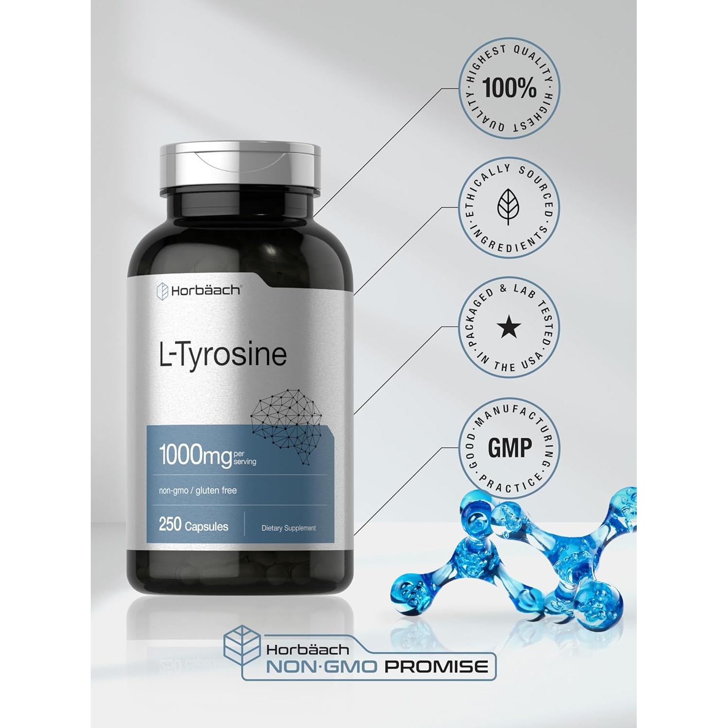 Suplemento L-Tirosina Horbäach 1000mg 250 Cápsulas Sin Gluten