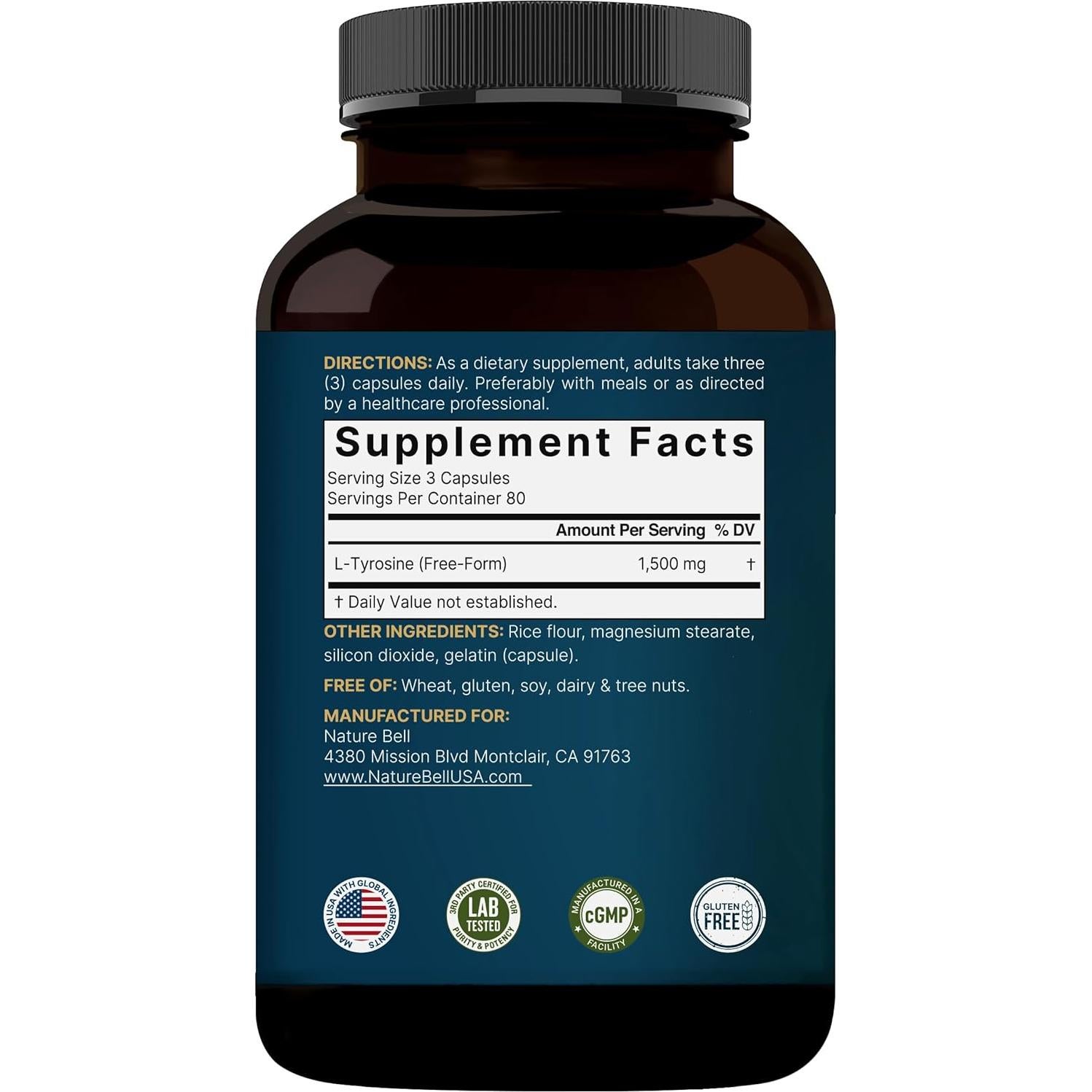 Suplemento L-Tirosina 1500mg NatureBell 240 Cápsulas Salud Cerebral