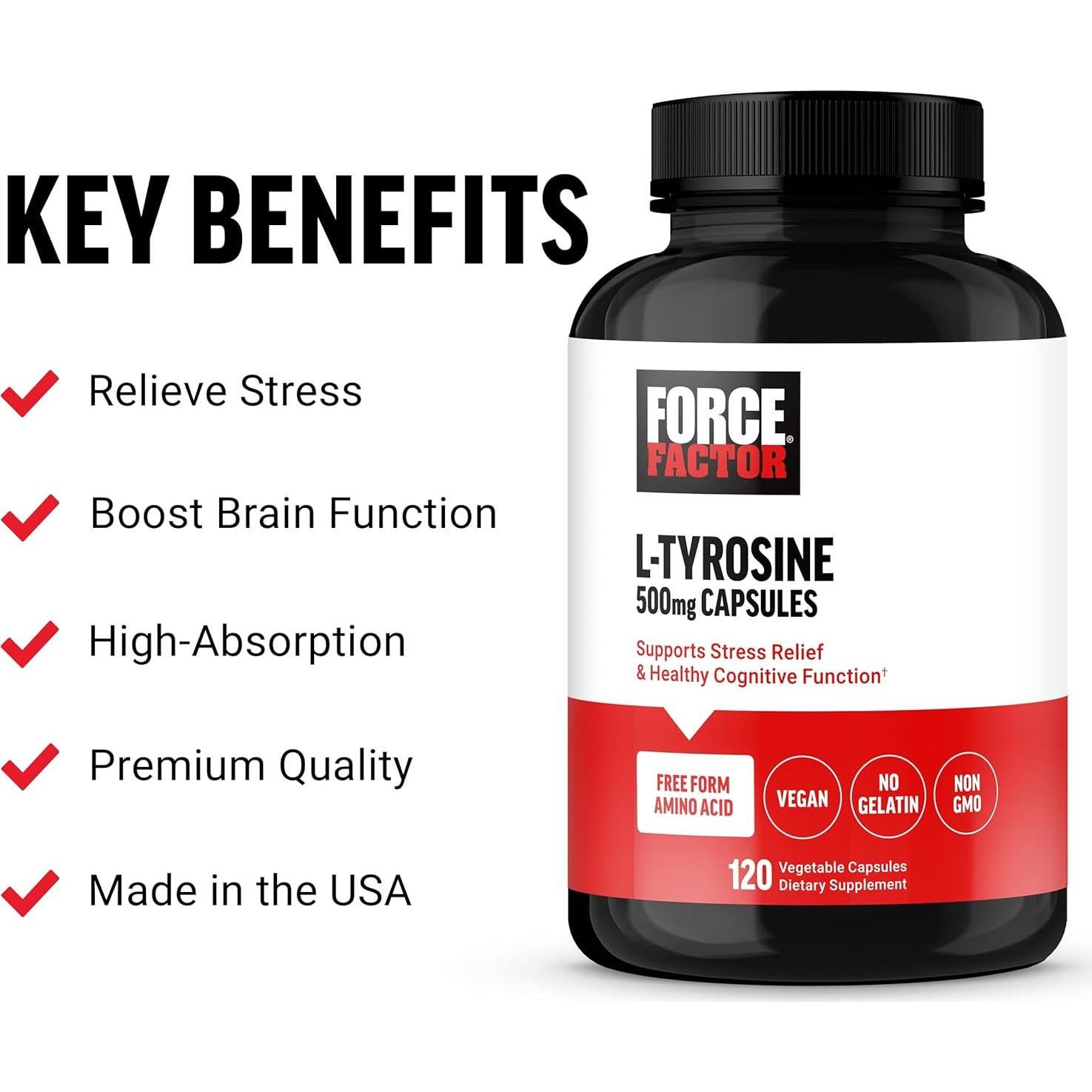 Suplemento L-Tirosina Force Factor 500mg 120 Cápsulas Veganas