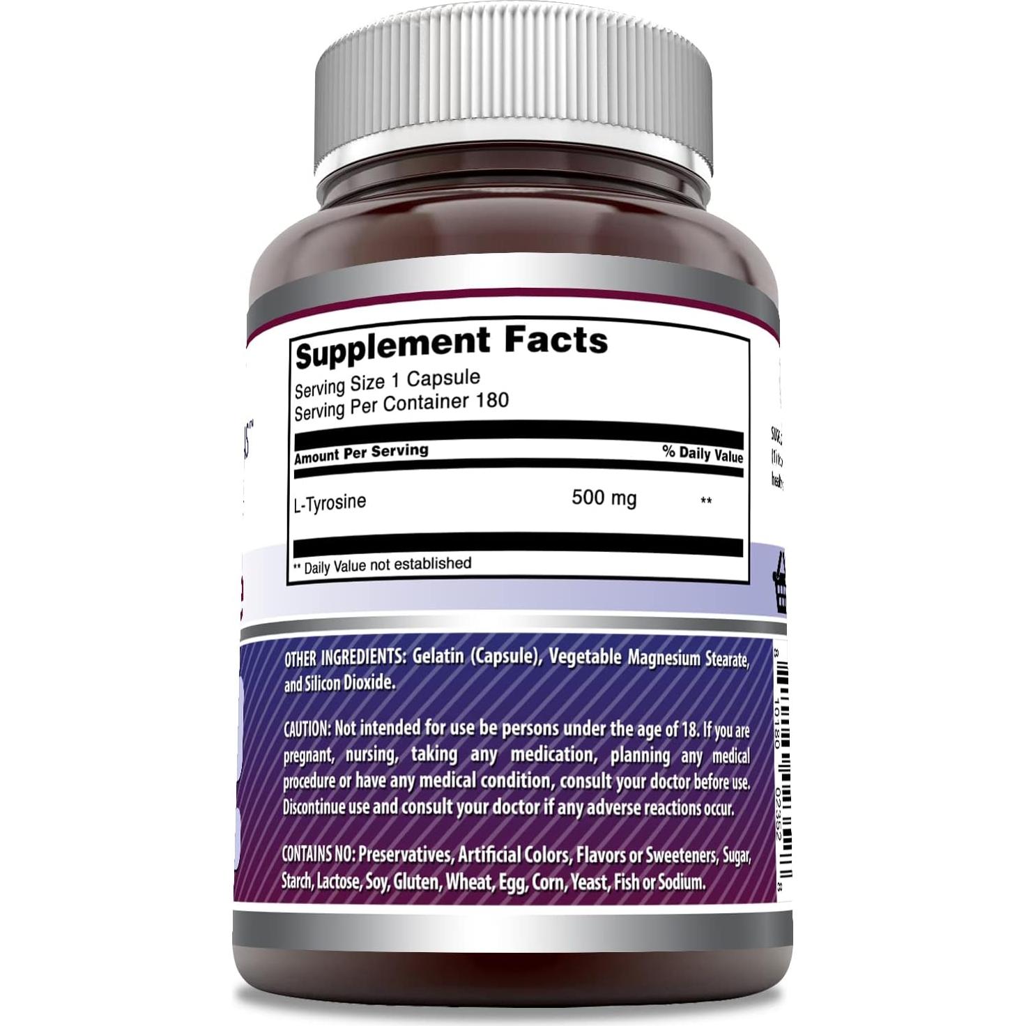Suplemento L-Tirosina 500 Mg Nutrición Asombrosa 180 Cápsulas