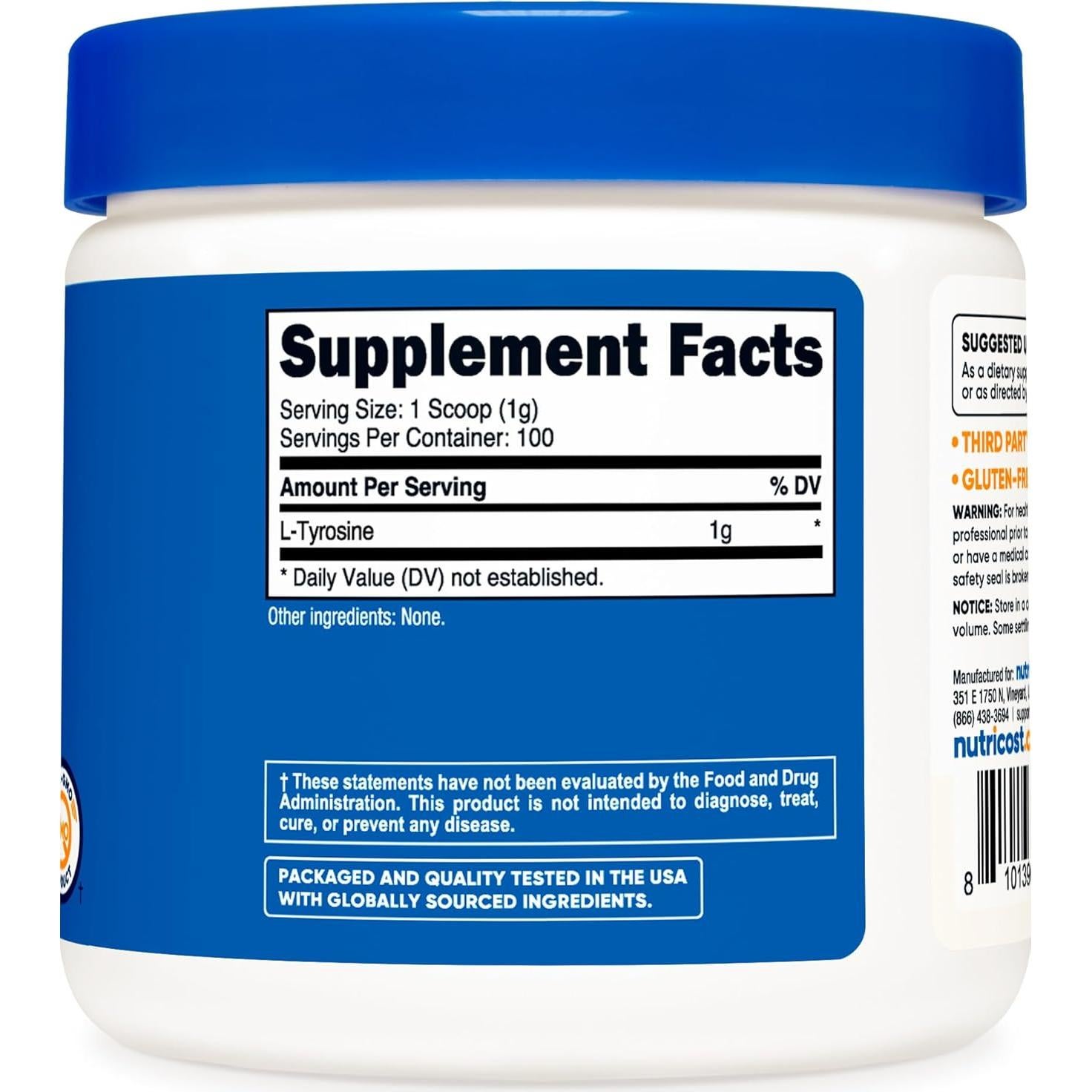 L-Tirosina en Polvo Nutricost 100g - 1g por Porción