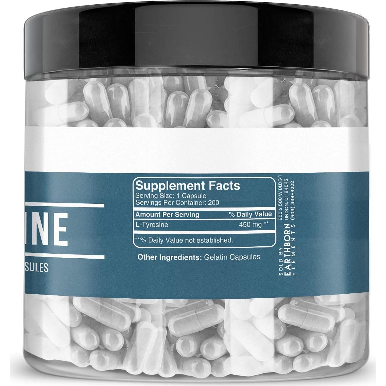 L-Tirosina Elementos de la Tierra 200 Cápsulas Puras Sin Aditivos