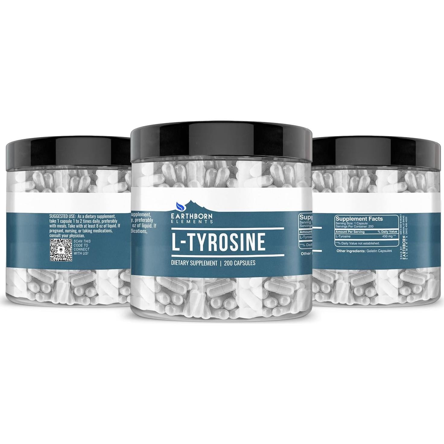 L-Tirosina Elementos de la Tierra 200 Cápsulas Puras Sin Aditivos