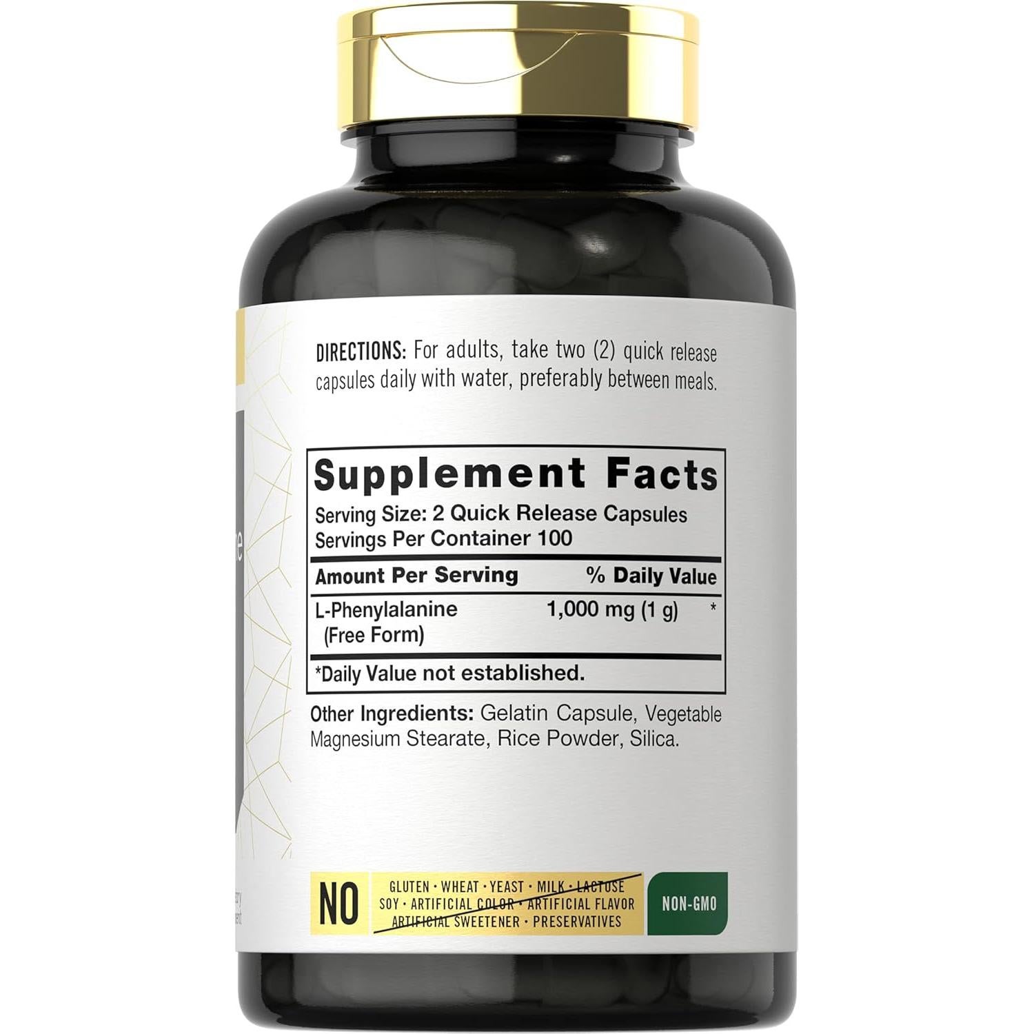 Suplemento L-Fenilalanina Carlyle 1000mg 200 Cápsulas Sin OGM