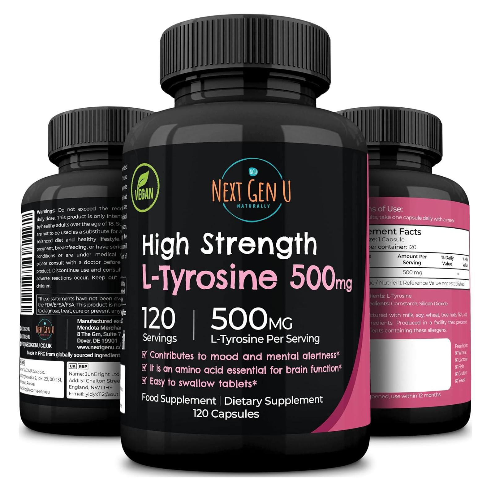 L-Tirosina 500 mg - 120 Cápsulas Veganas - Suplemento NGU