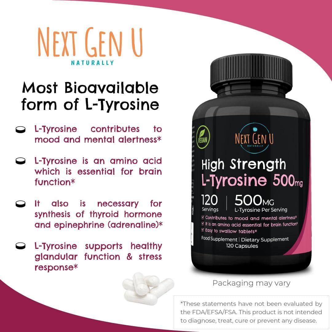 L-Tirosina 500 mg - 120 Cápsulas Veganas - Suplemento NGU