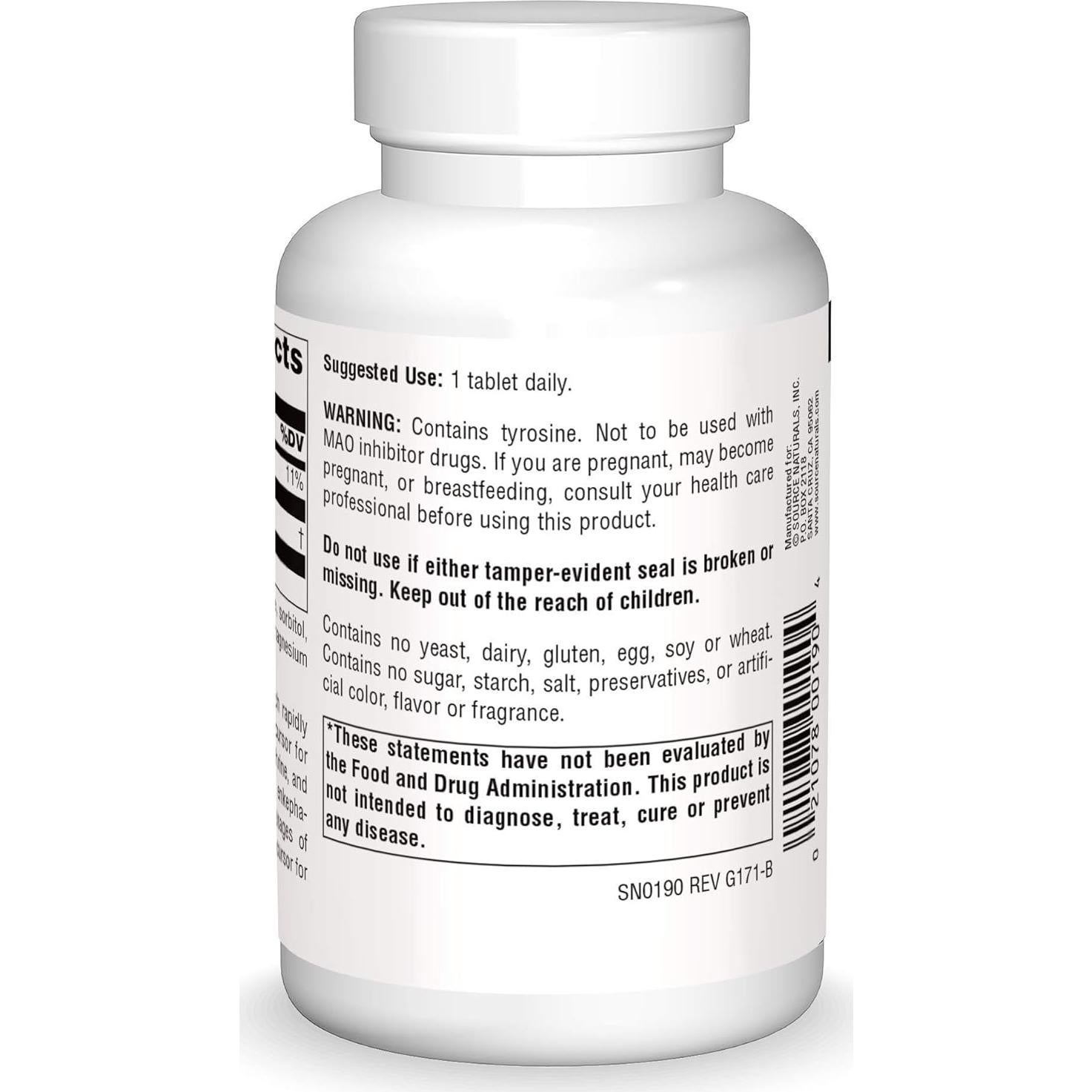 Suplemento L-Tirosina Source Naturals - 100 Tabletas