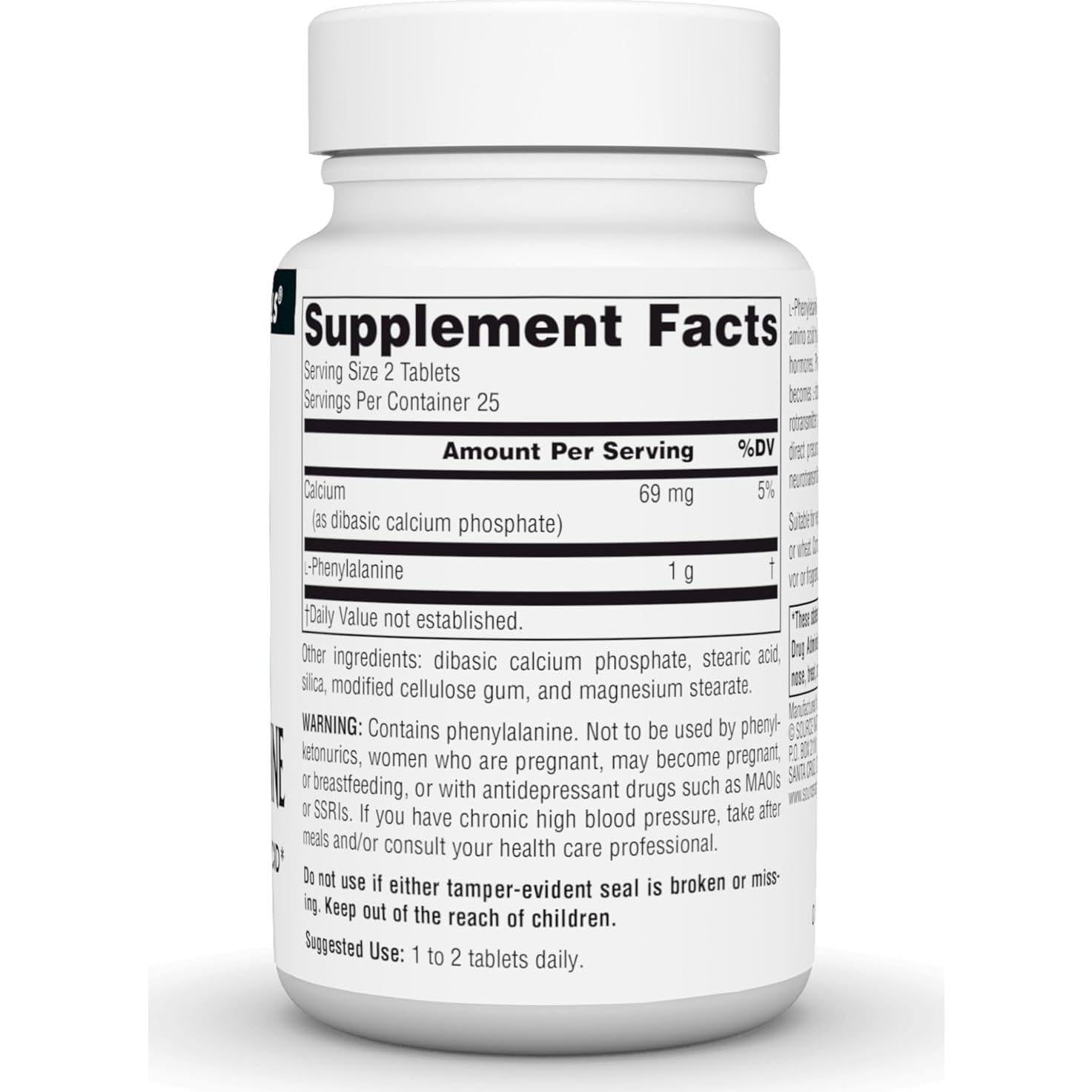 L-Fenilalanina Source Naturals 50 Tabletas Aminoácido Esencial