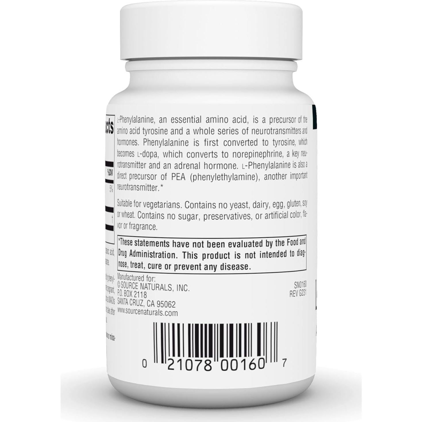 L-Fenilalanina Source Naturals 50 Tabletas Aminoácido Esencial