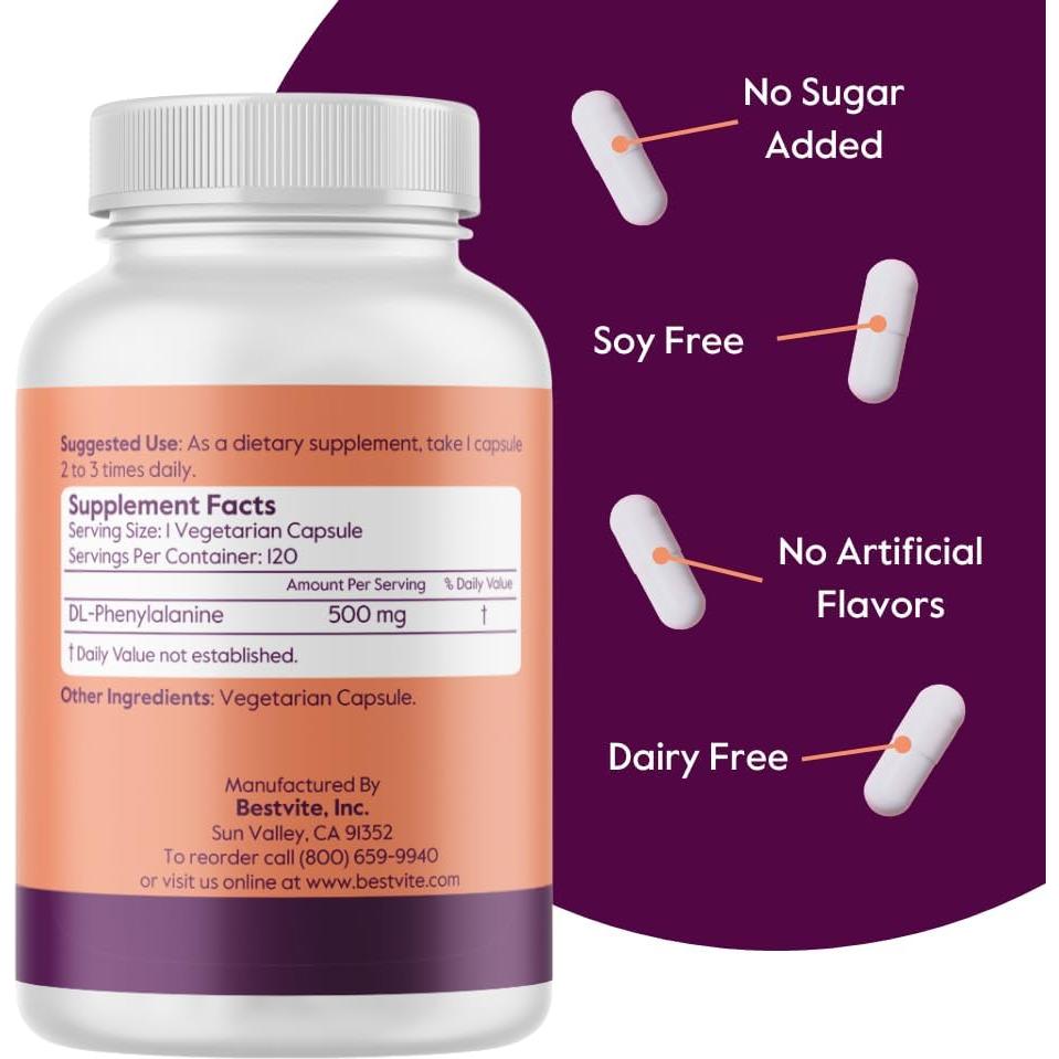 Suplemento DL-Fenilalanina 500mg Bestvite 240 Cápsulas Veganas