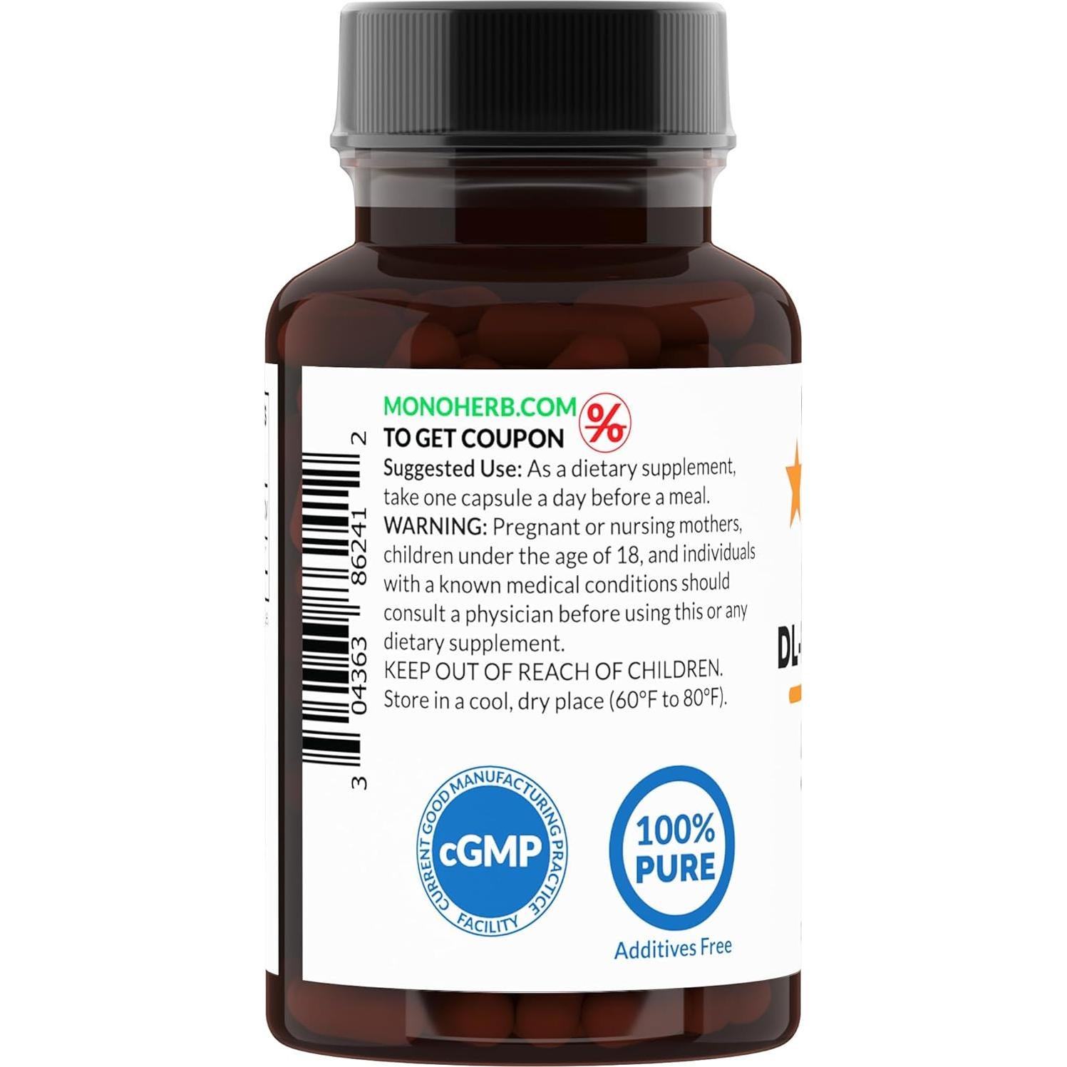 Suplemento DL-Fenilalanina 500 mg MONOHERB - 90 Cápsulas Veganas