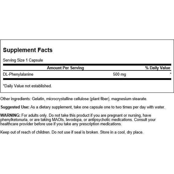 Aminoácidos Swanson DL-Fenilalanina 500 mg 100 Cápsulas