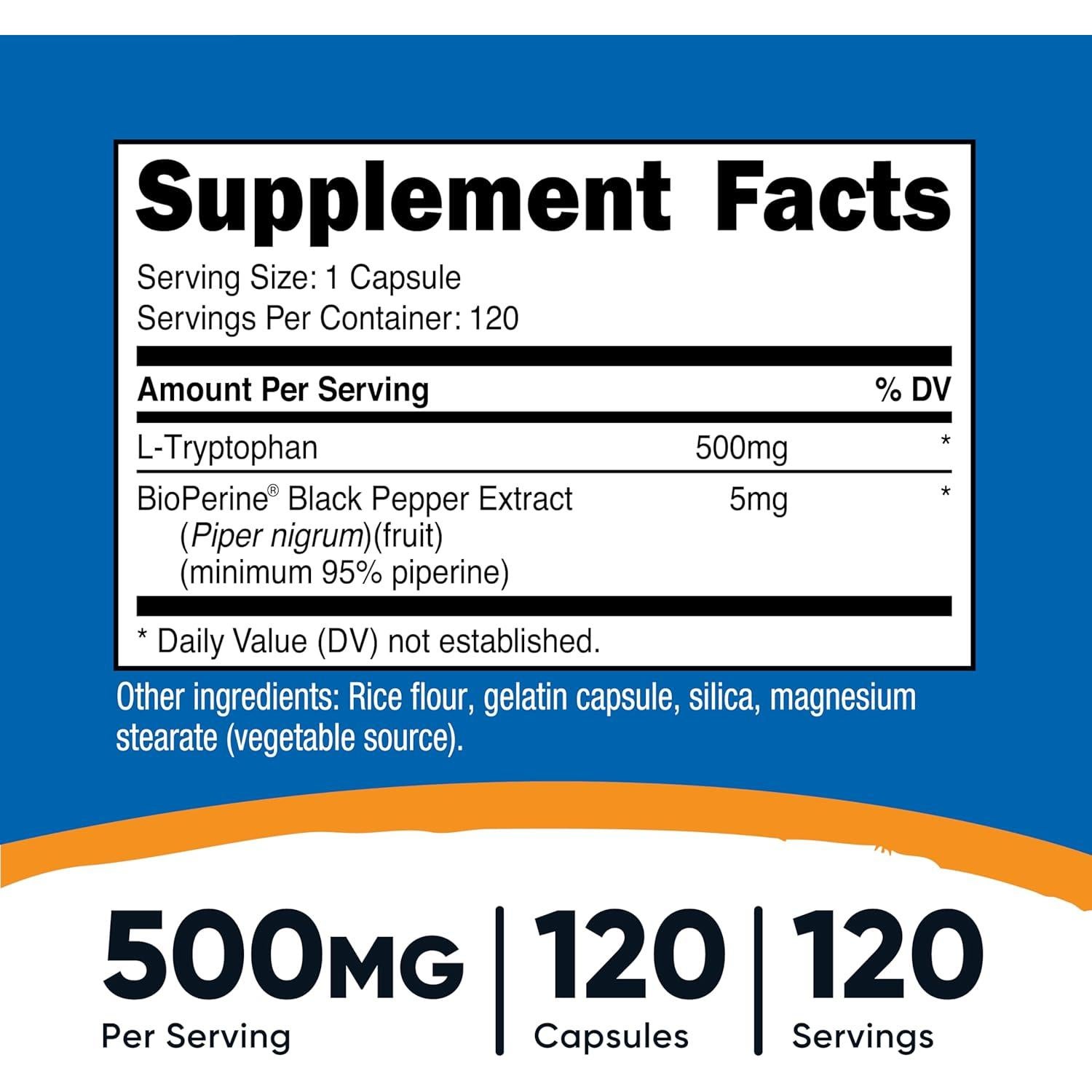 Nutricost L-Triptófano 500mg 120 Cápsulas Sin Gluten y OGM