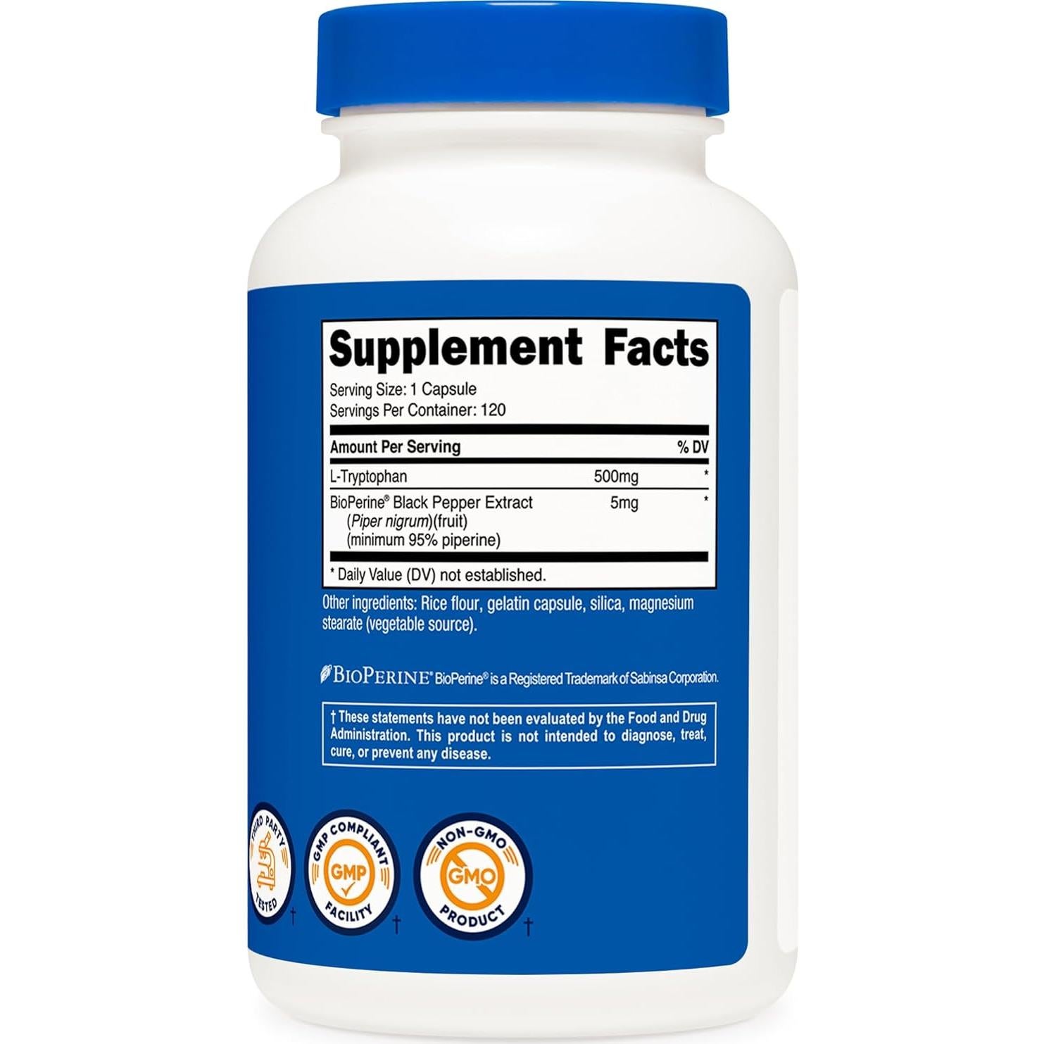 Nutricost L-Triptófano 500mg 120 Cápsulas Sin Gluten y OGM