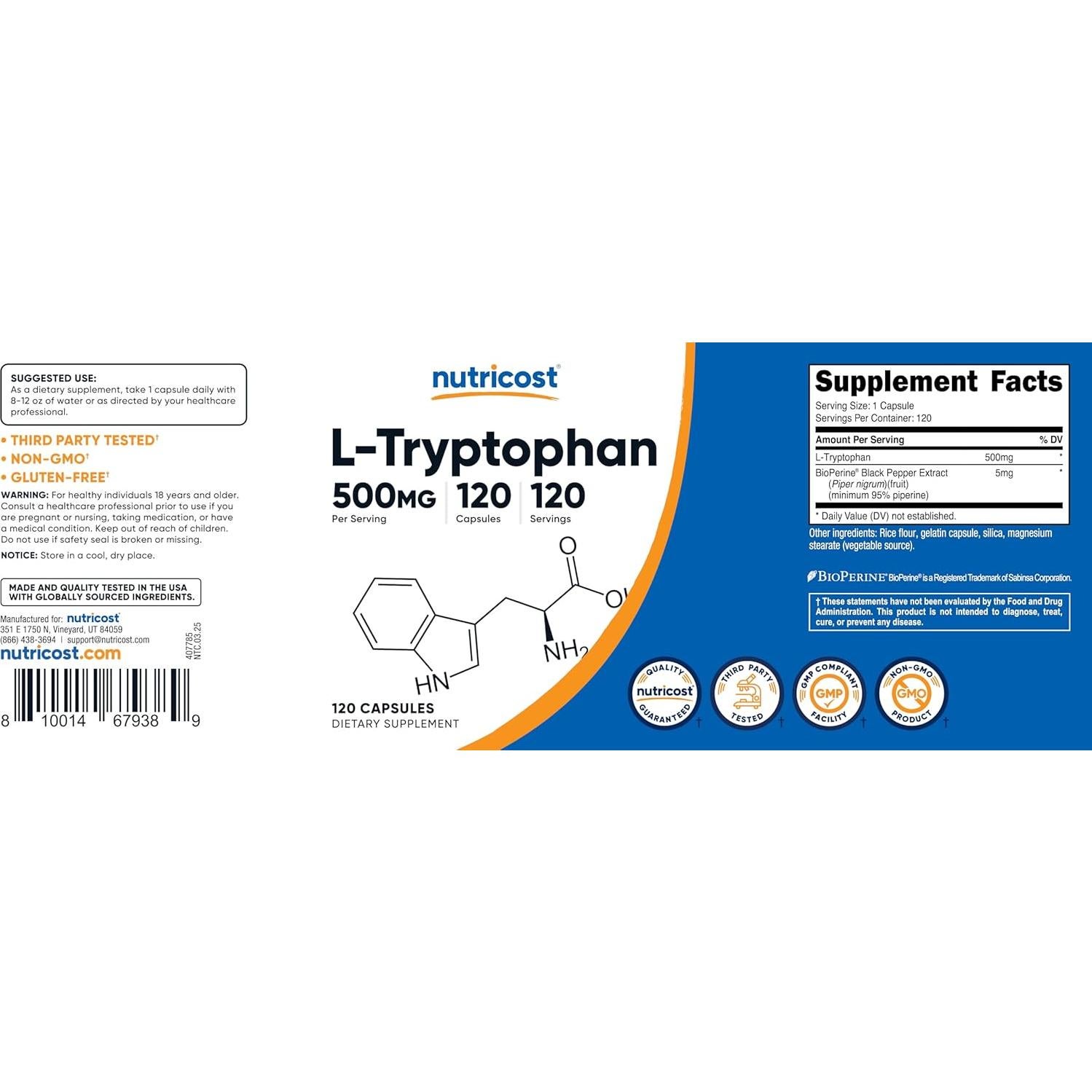Nutricost L-Triptófano 500mg 120 Cápsulas Sin Gluten y OGM