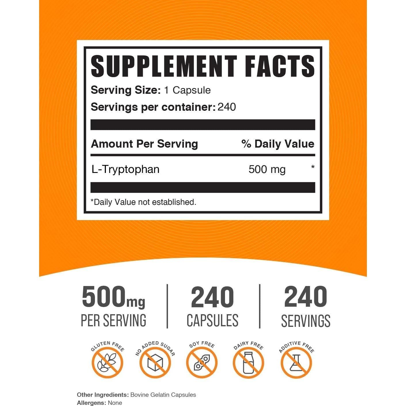 Cápsulas de L-Triptófano 500mg BulkSupplements - 240 Unidades