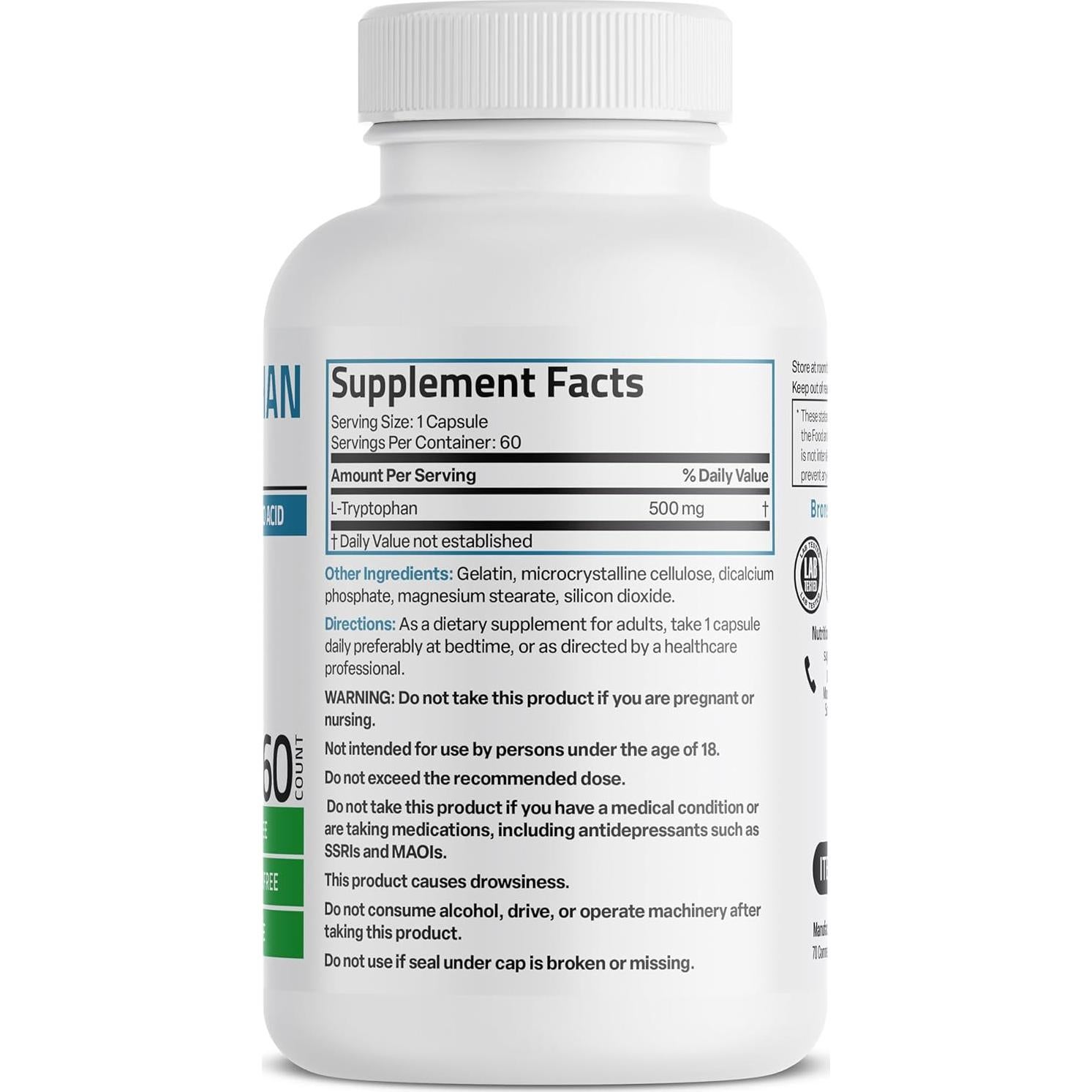 Bronson L-Triptófano 500 MG Alta Potencia 60 Cápsulas