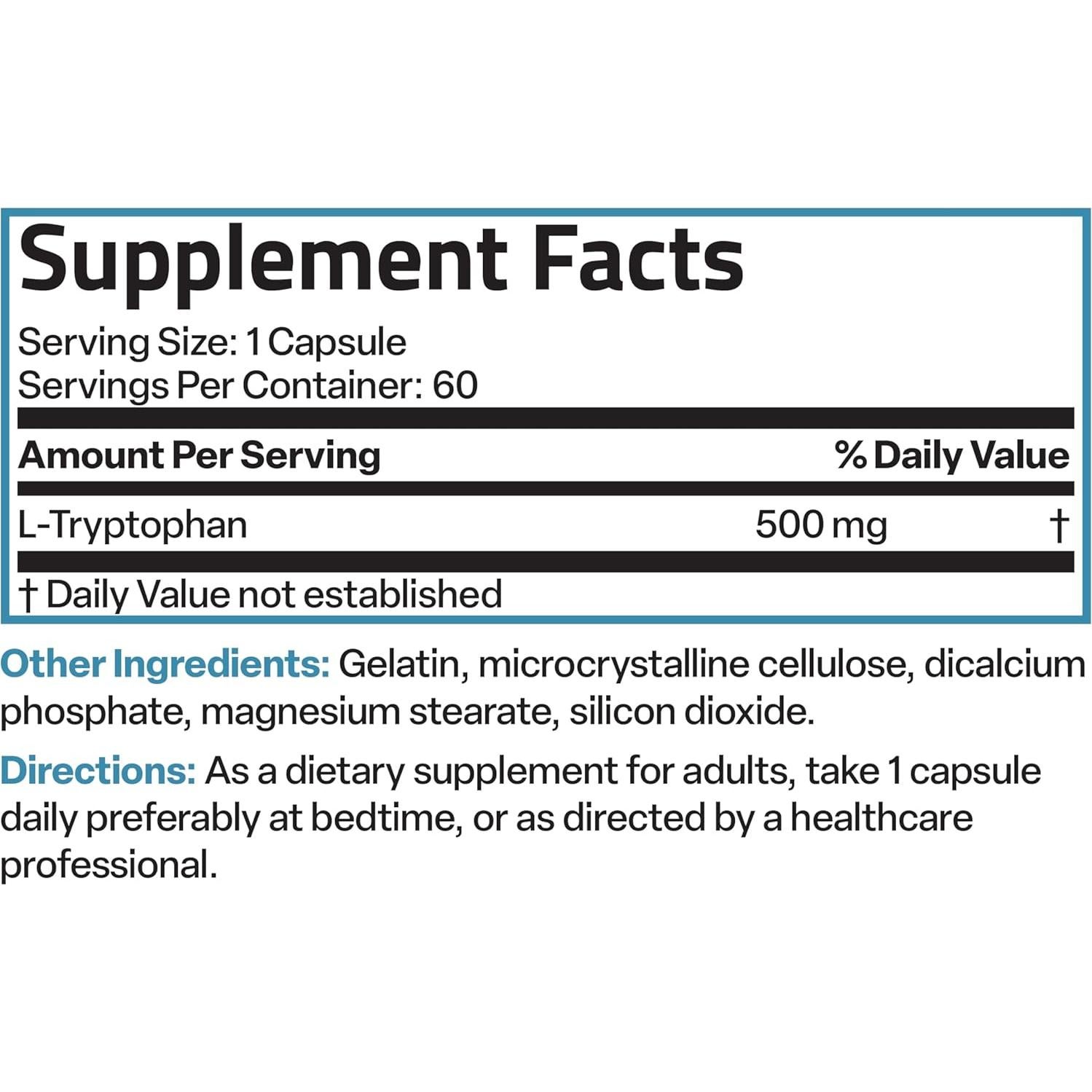 Bronson L-Triptófano 500 MG Alta Potencia 60 Cápsulas